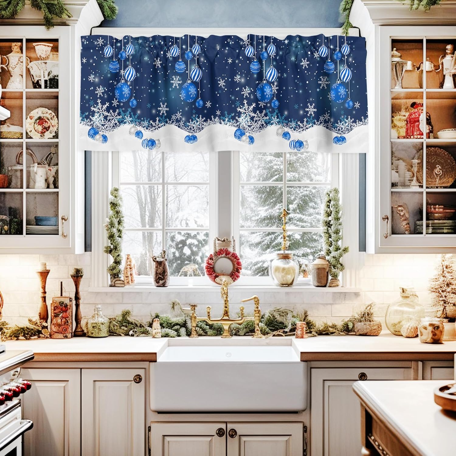 Cenefa de ventana de Navidad, copos de nieve de invierno, tratamiento de ventanas, bolas de Navidad, color azul, con bolsillo para barra, cenefa de