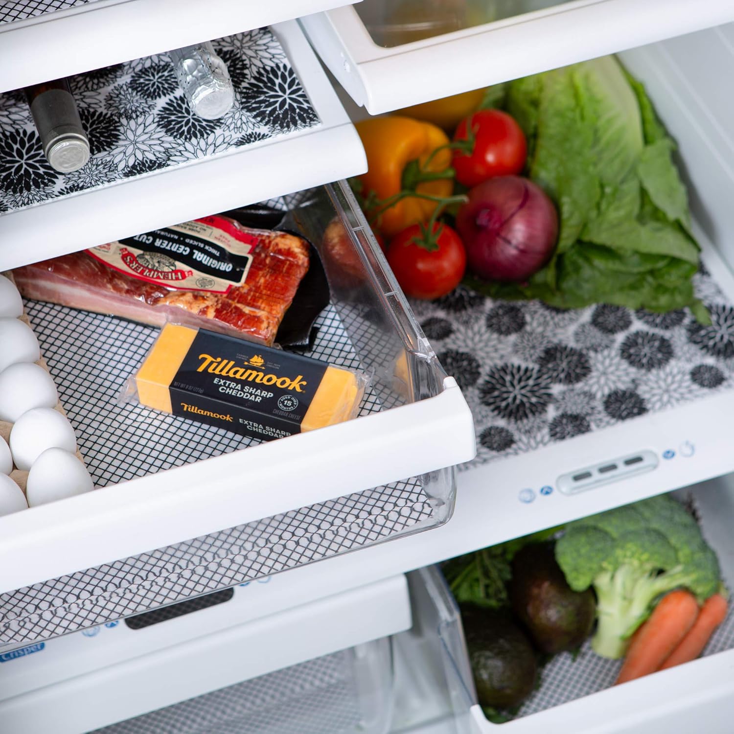 DII Colección de forros para refrigerador, no adhesivos, se pueden cortar para adaptar a su tamaño, 12 x 24pulgadas, diseño de dalias color negro, 6