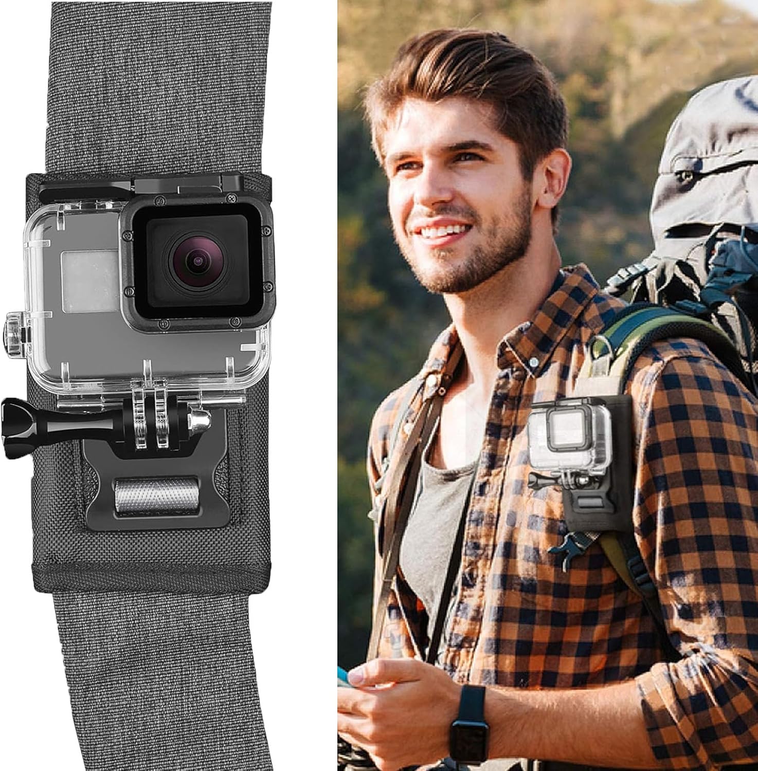 Soporte para correa de hombro para mochila 360 con clip de bolsa con base de adaptador de trípode de liberación rápida compatible con GoPro Hero 12
