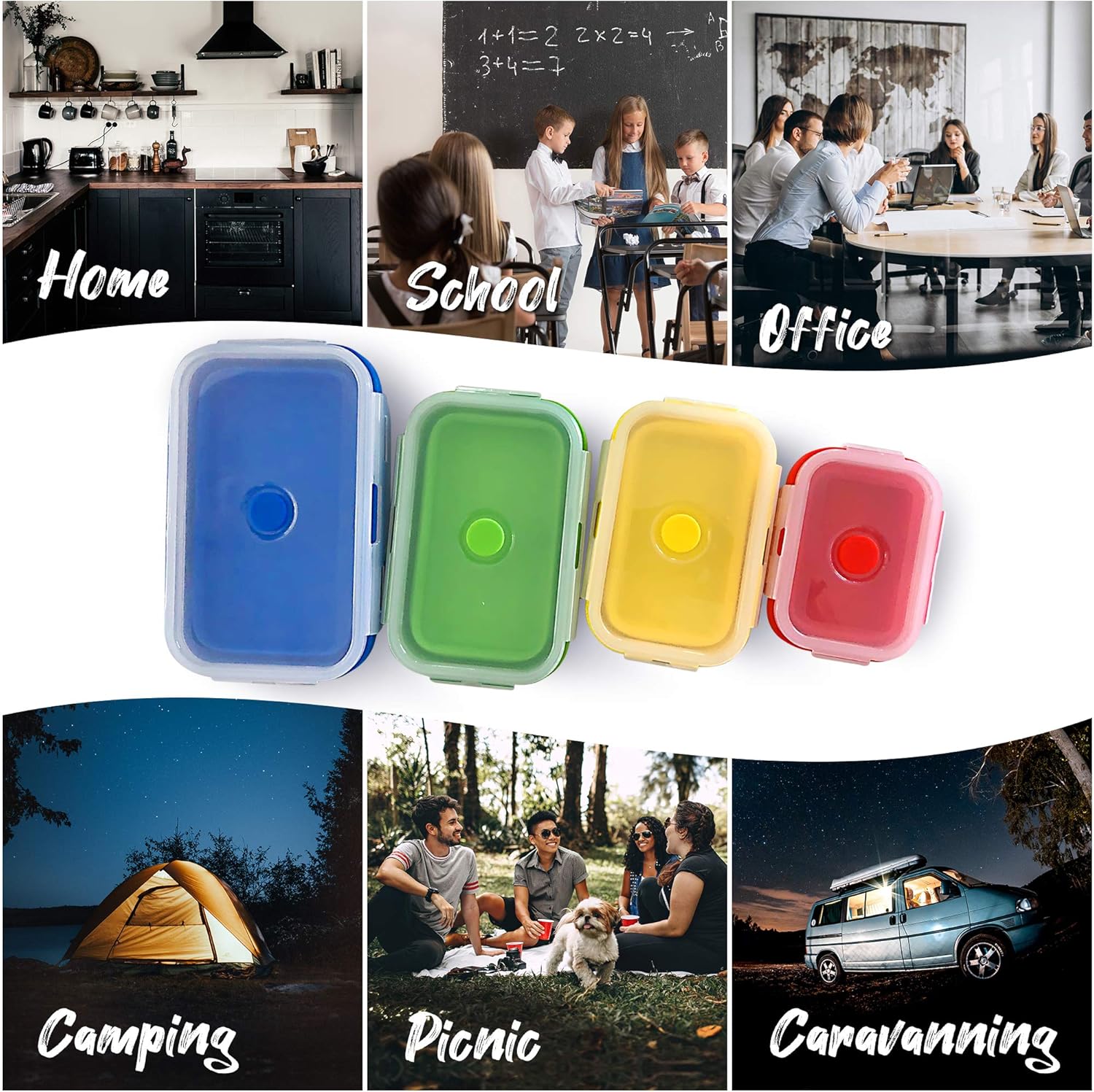 Contenedores plegables de silicona para almacenamiento de alimentos, juego de 16 piezas con tapas hechas por Silictek, tazas medidoras de viaje de