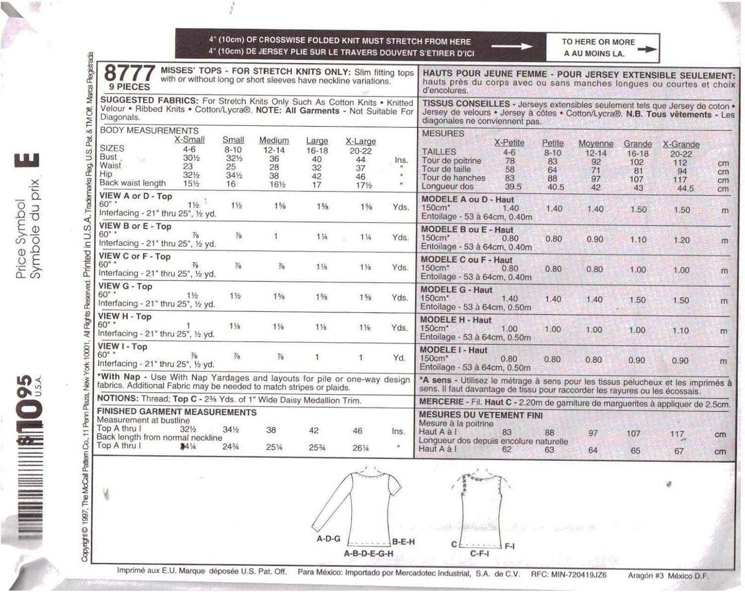 McCall’s 8777 Camisetas y camisetas sin mangas para tejidos elásticos Patrón de costura Talla XS (4-6).