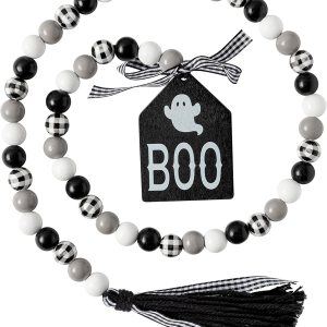 Guirnalda de cuentas de madera de Halloween, guirnalda de cuentas de madera de 40 pulgadas con cuerda de yute, borla a cuadros, etiqueta clásica de Guirnalda de cuentas de madera de Halloween, guirnalda de cuentas de madera de 40 pulgadas con cuerda de yute, borla a cuadros, etiqueta clásica de