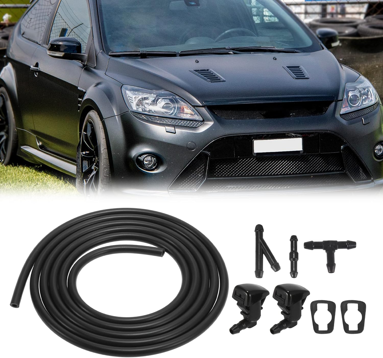 X AUTOHAUX Kit de boquillas de limpiaparabrisas delantero para Ford Focus 7.2 ft manguera de lavado de parabrisas con 3 conectores reemplaza