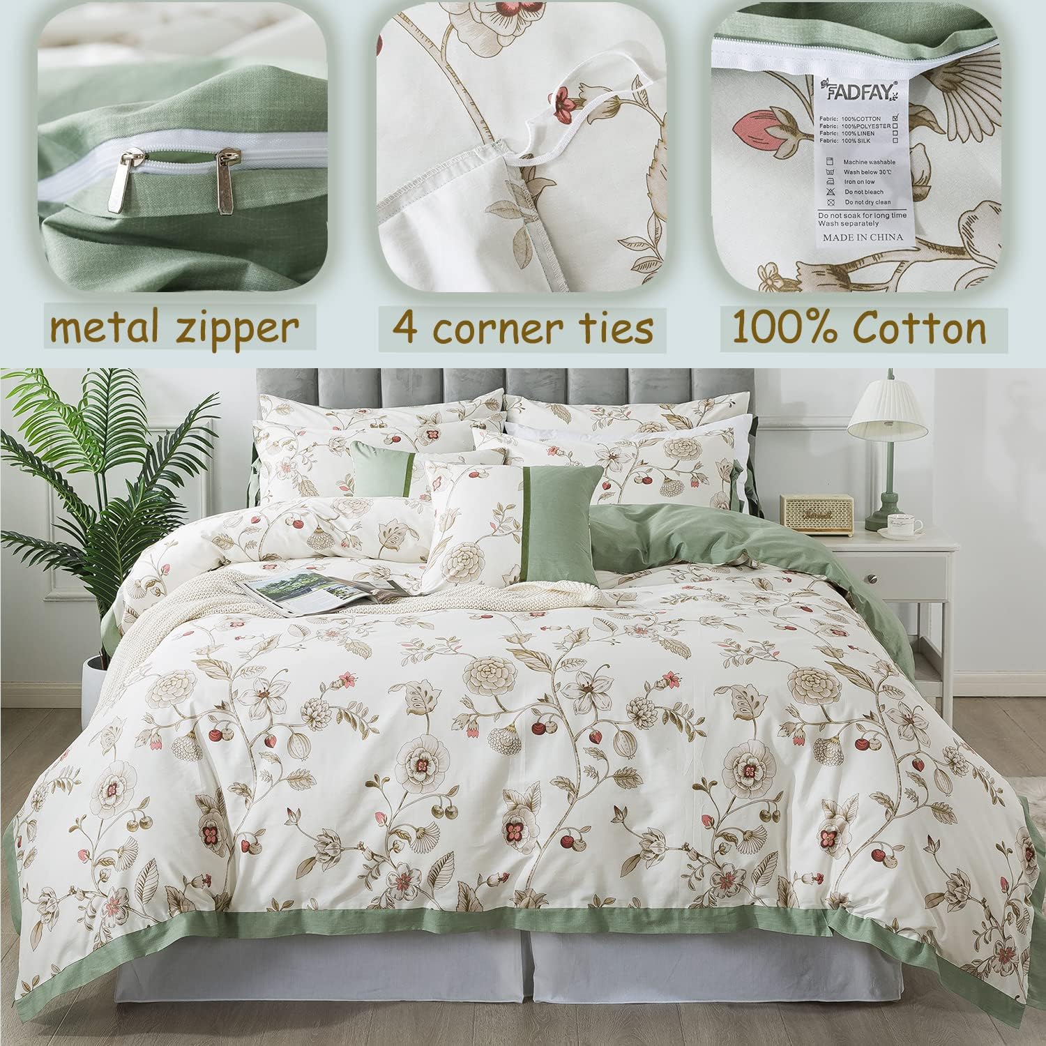 FADFAY Juego de funda de edredón tamaño individual XL, juego de ropa de cama floral 100% algodón, ropa de cama universitaria para dormitorio, funda