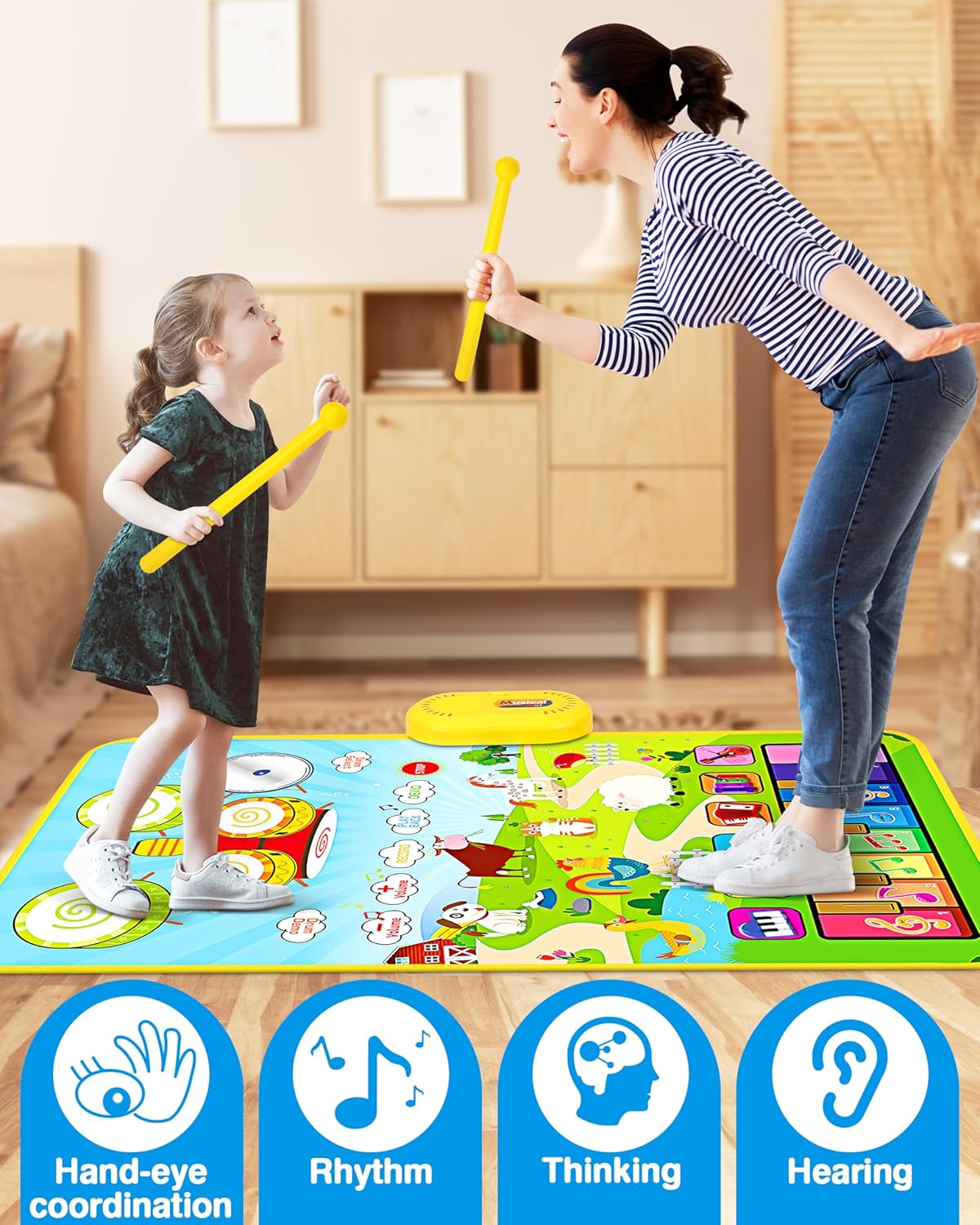Vanmor Tapete musical para niños pequeños, juguetes musicales, teclado de piano y tapete de batería con 2 palos, manta de animales, almohadillas