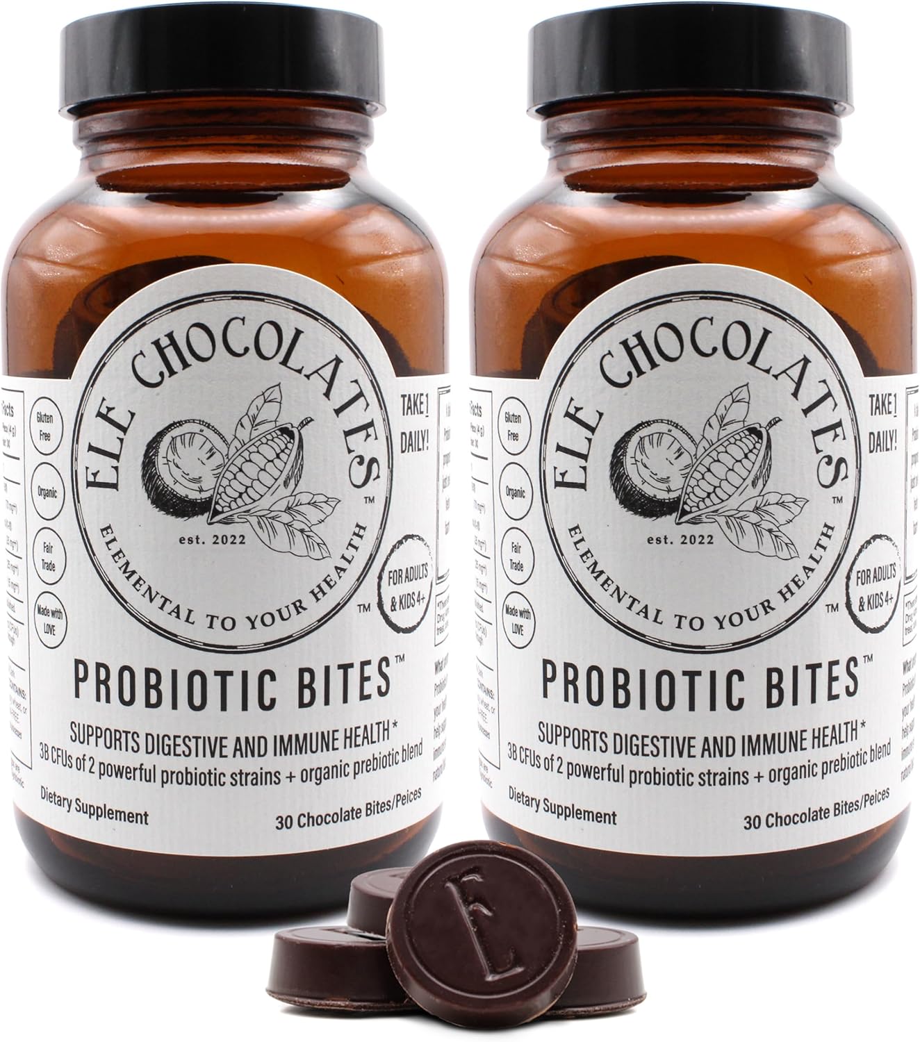 Ele Chocolates Suplemento probiótico diario de chocolate negro muerde 3 mil millones de UFC para la salud intestinal digestiva, apoyo inmunológico