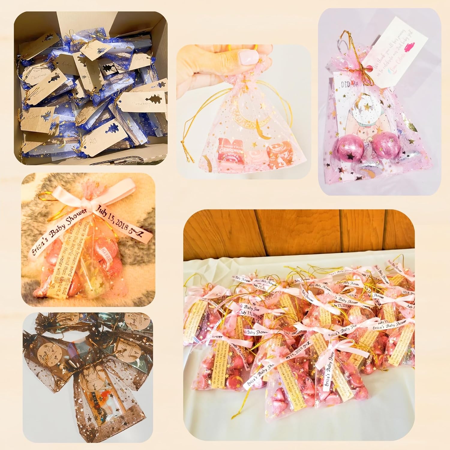 QIANHAILIZZ – 100 bolsas de organza con diseño de estrellas y lunas para joyas, para regalo de caramelos, regalo de matrimonio, con cordón ajustable.