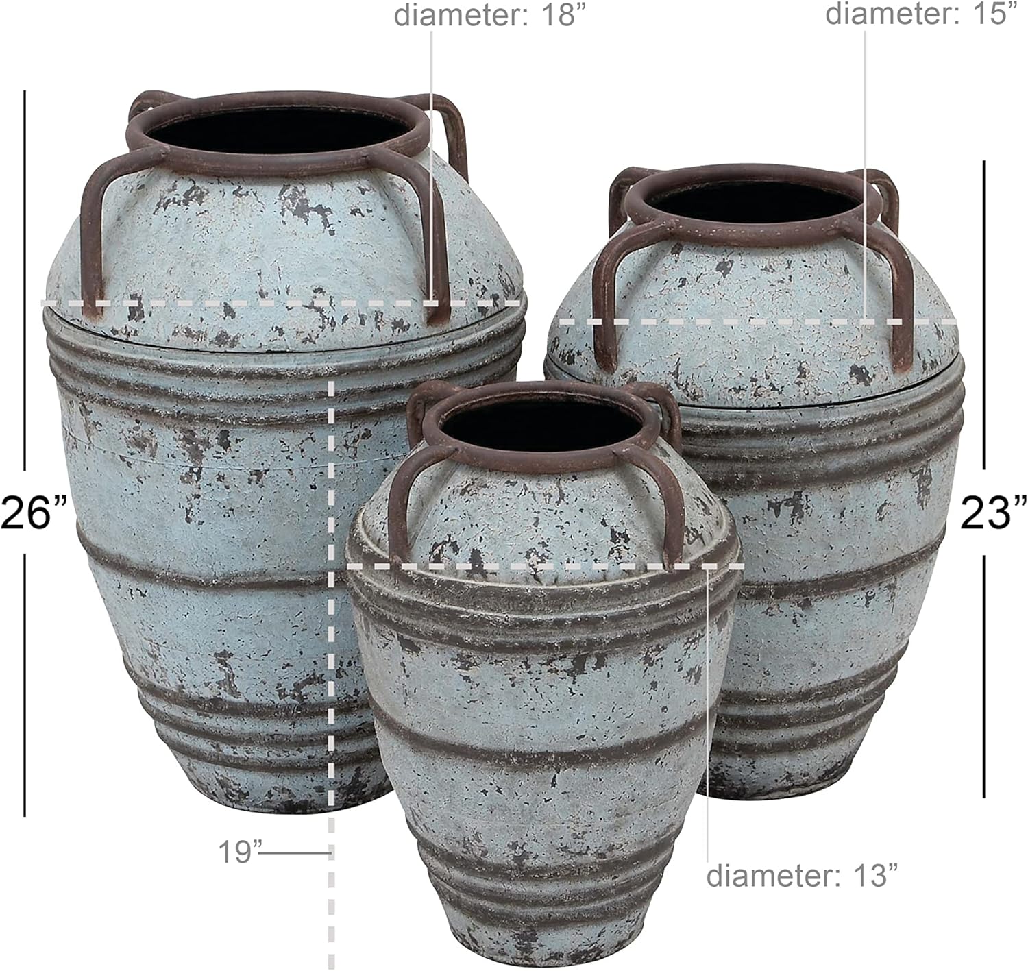 Deco 79 Jarrón decorativo de metal, jarrones de centro de mesa envejecidos con asas, juego de 3 jarrones para decoración del hogar de 26 pulgadas,