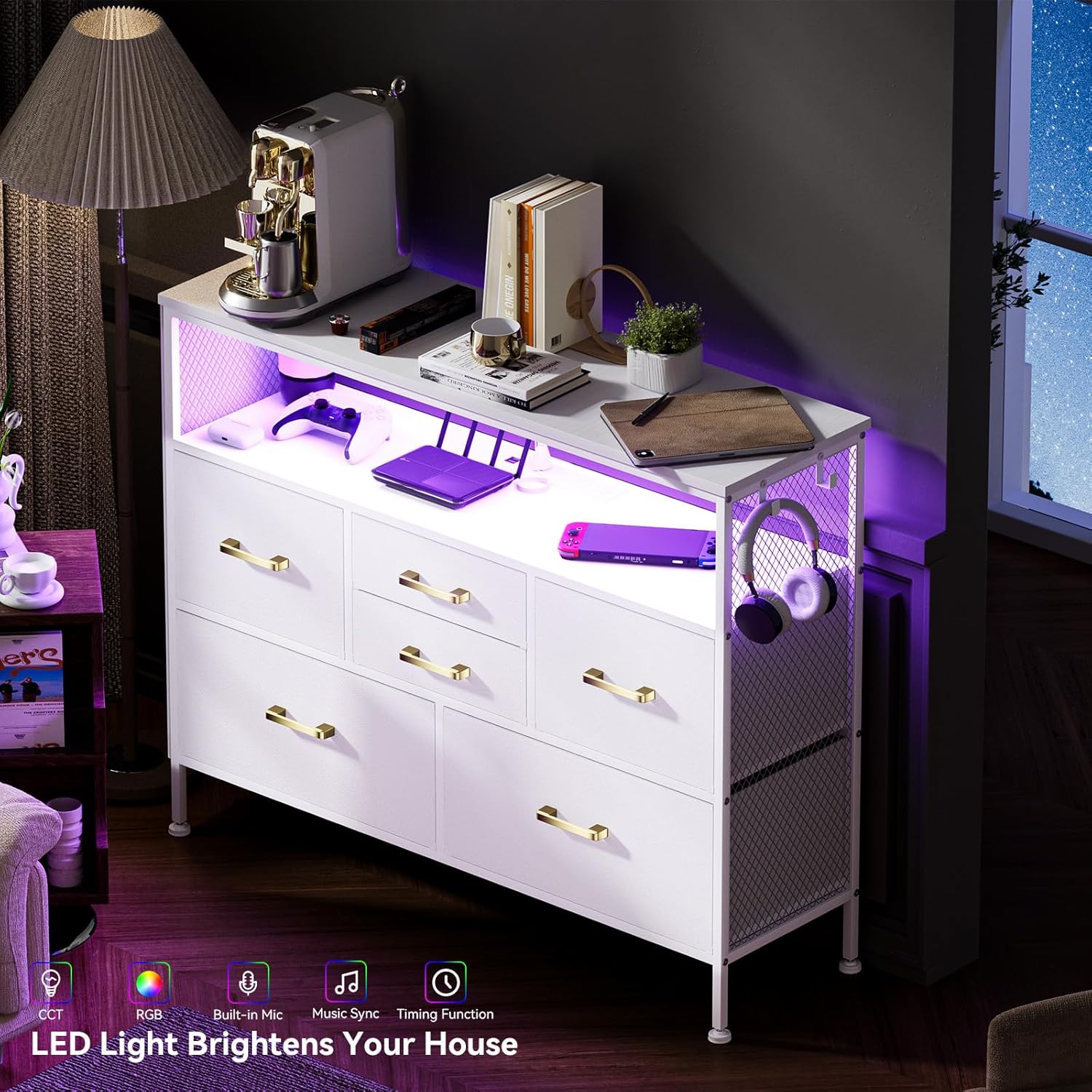 Cómoda para dormitorio, soporte de TV con tomas de corriente y luz LED, cómoda de 6 cajones con bolsillos laterales y ganchos, cómoda ancha con