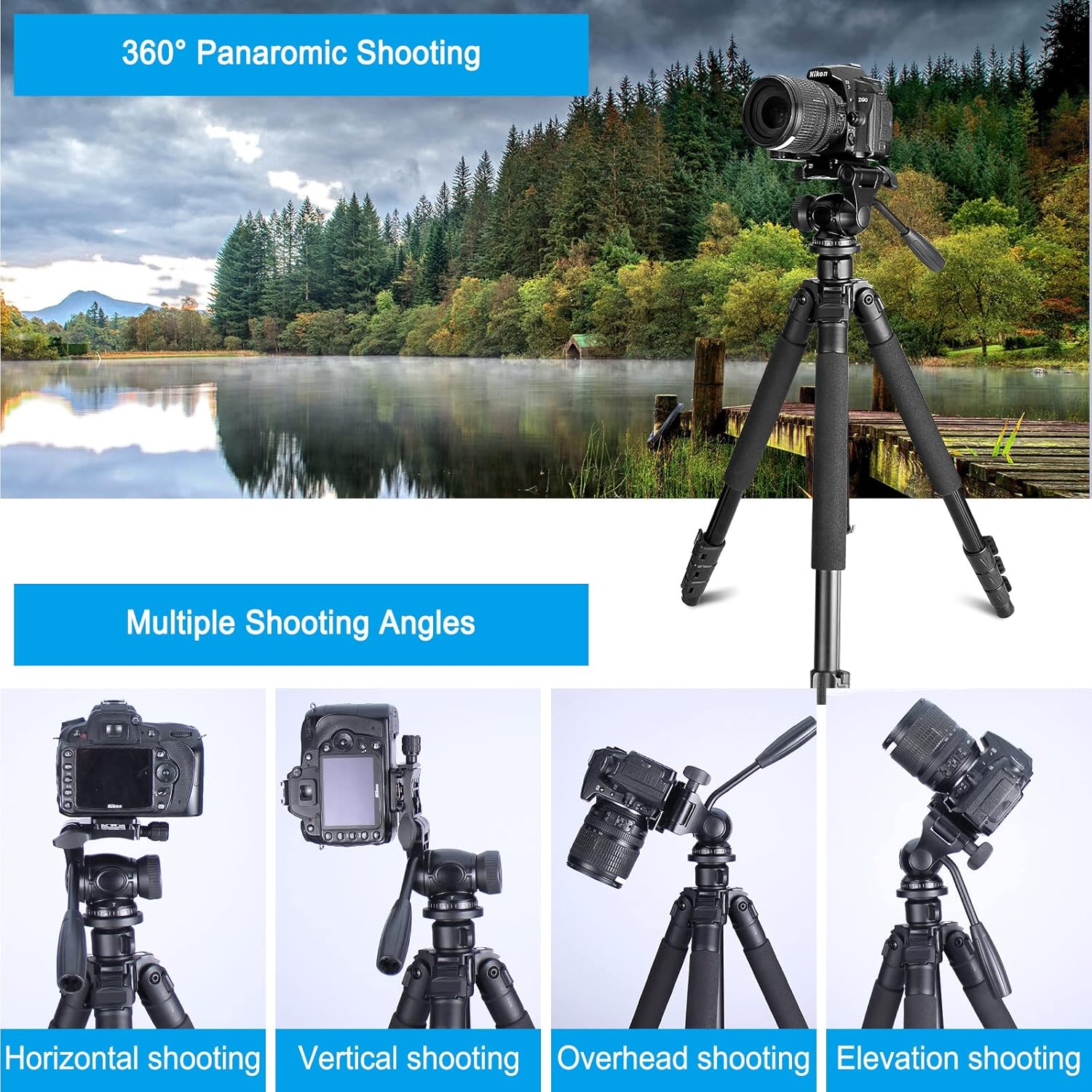 Trípode portátil de viaje de 64.5 pulgadas, compatible con cámaras SLR, teléfonos celulares, binoculares, visores de observación, monoculares