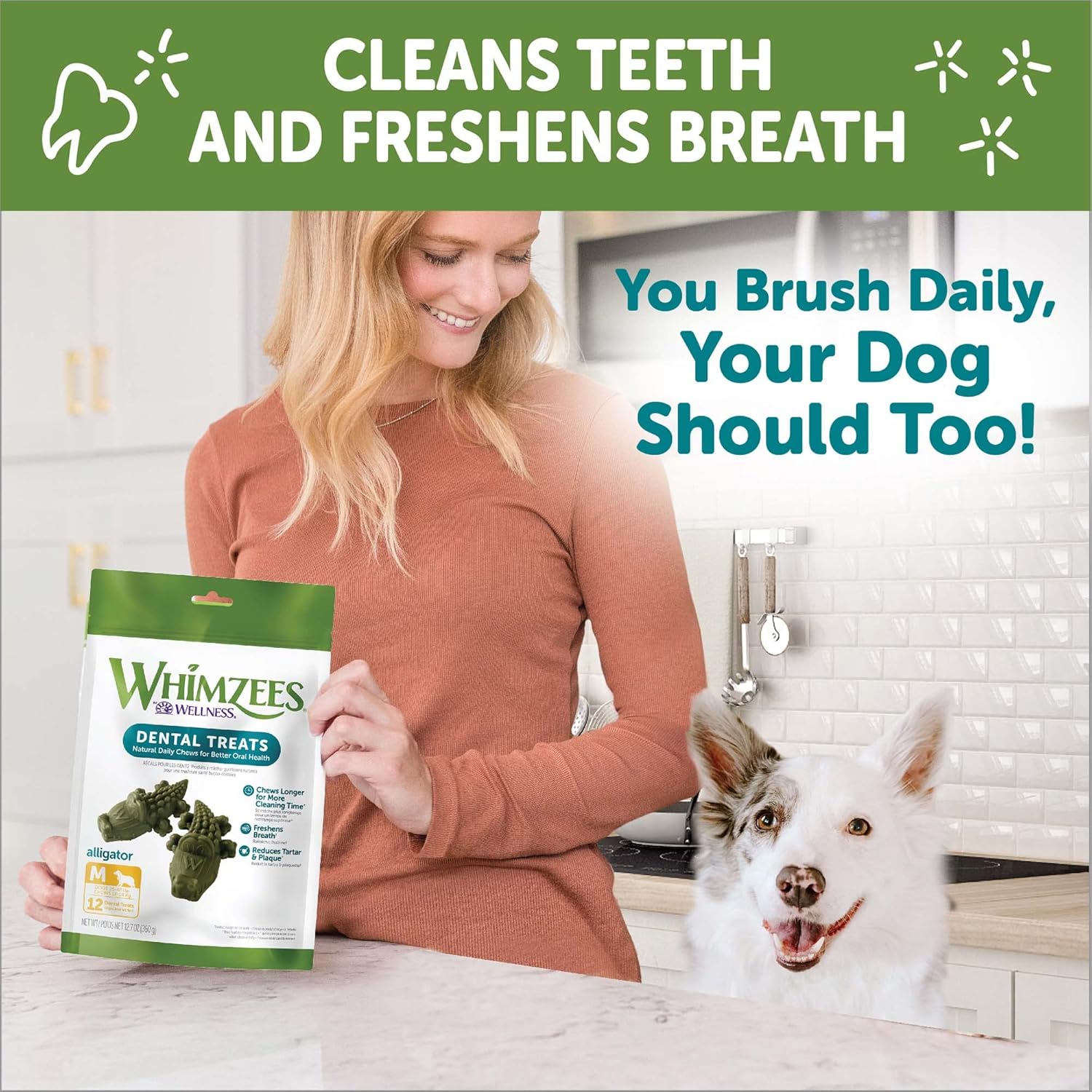 WHIMZEES by Wellness Alligator – Masticables dentales naturales para perros, golosinas de larga duración, sin granos, refresca el aliento, raza