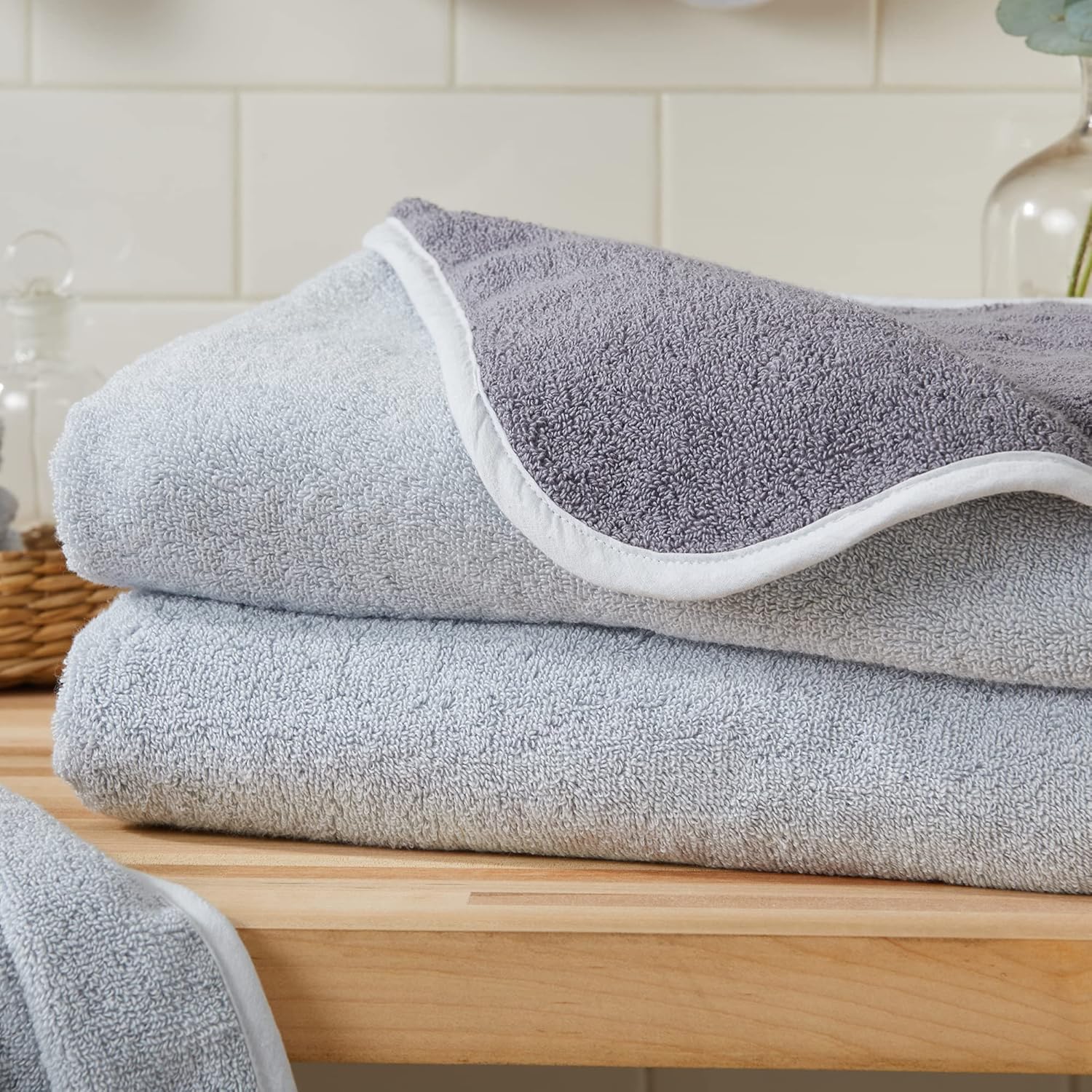 Toallas de baño reversibles de dos tonos 100 % algodón, absorbentes de secado rápido, de felpa de la colección Vanessa (2 unidades), griscarbón