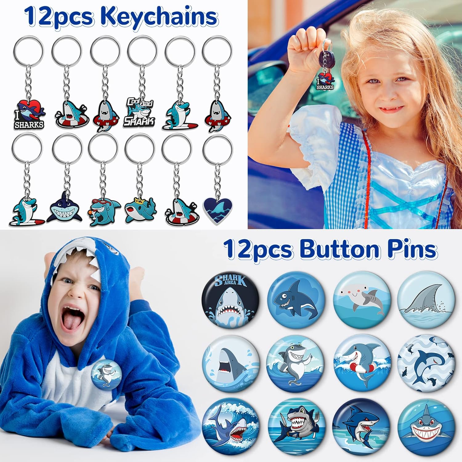 Shark Party Favors, Shark Birthday Party Supplies Serve 12, Include Slap Bracelets, Non-Duplicate Button Pins, Key Chains, Shoe Charms, Temporary