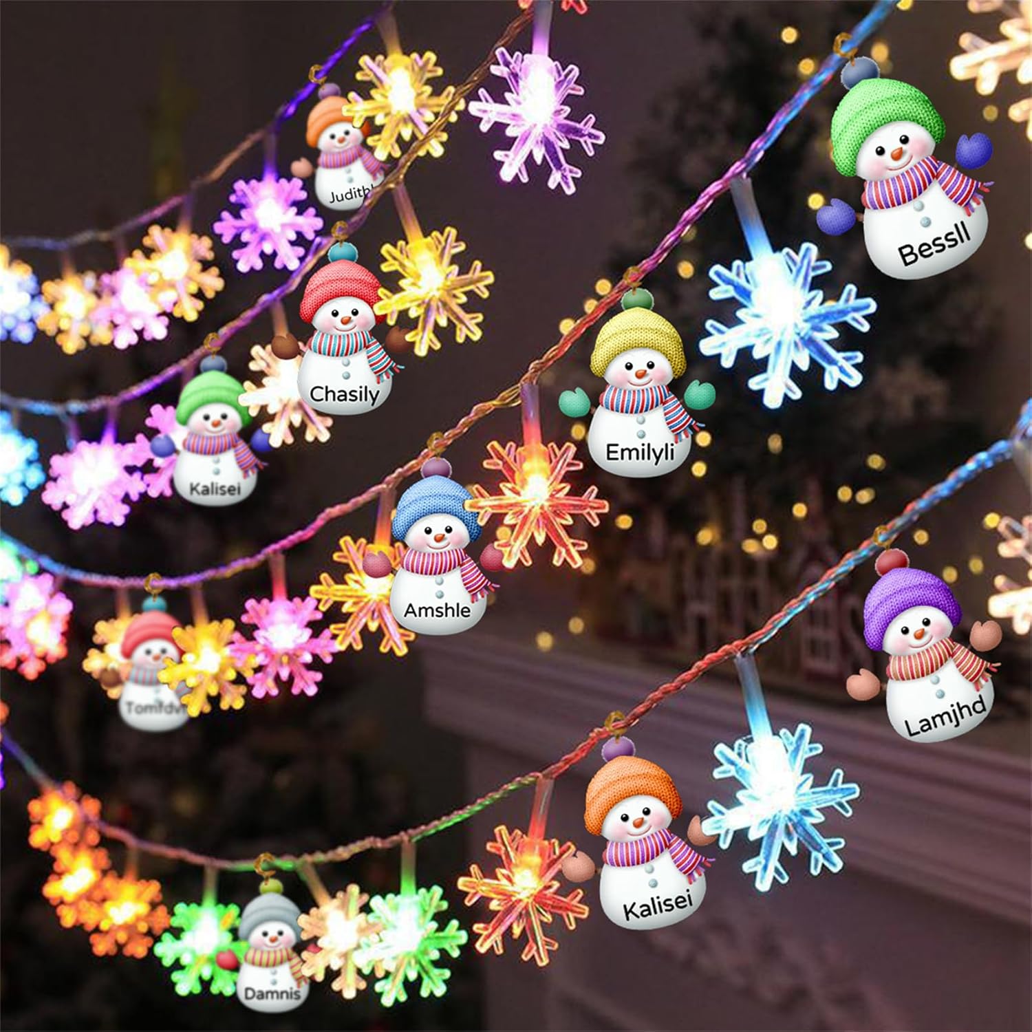 Guirnalda de luces de Navidad personalizadas con nombre, muñeco de nieve personalizado, guirnalda de luces familiares de muñeco de nieve colorido,