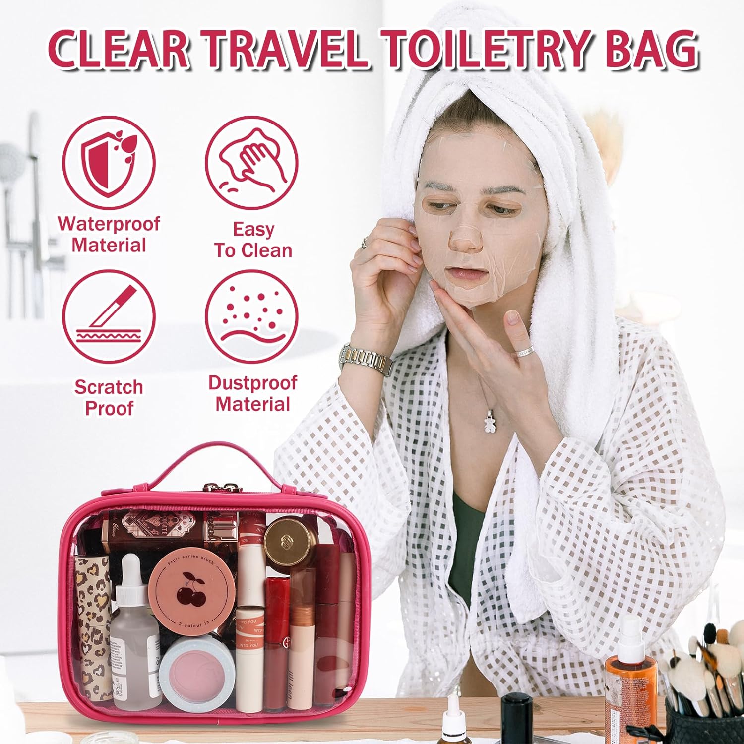 Iqimott Neceser de viaje Bolsa de maquillaje transparente, bolsa de cosméticos con cremallera aprobada por la TSA, Rosa rojo, Moda