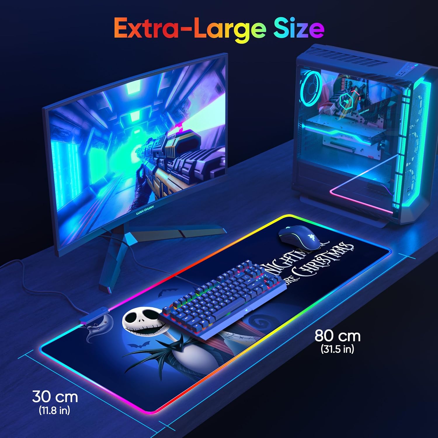 Alfombrilla de mouse RGB con diseño de calavera RGB, El extraño mundo de Navidad con 14 modos de iluminación, alfombrilla antideslizante para