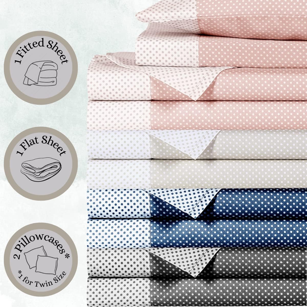 Anne Klein Westhill Dot – Juego de sábanas de satén 100 % algodón, con sábana encimera, sábana bajera, fundas de almohada, tamaño matrimonial, color