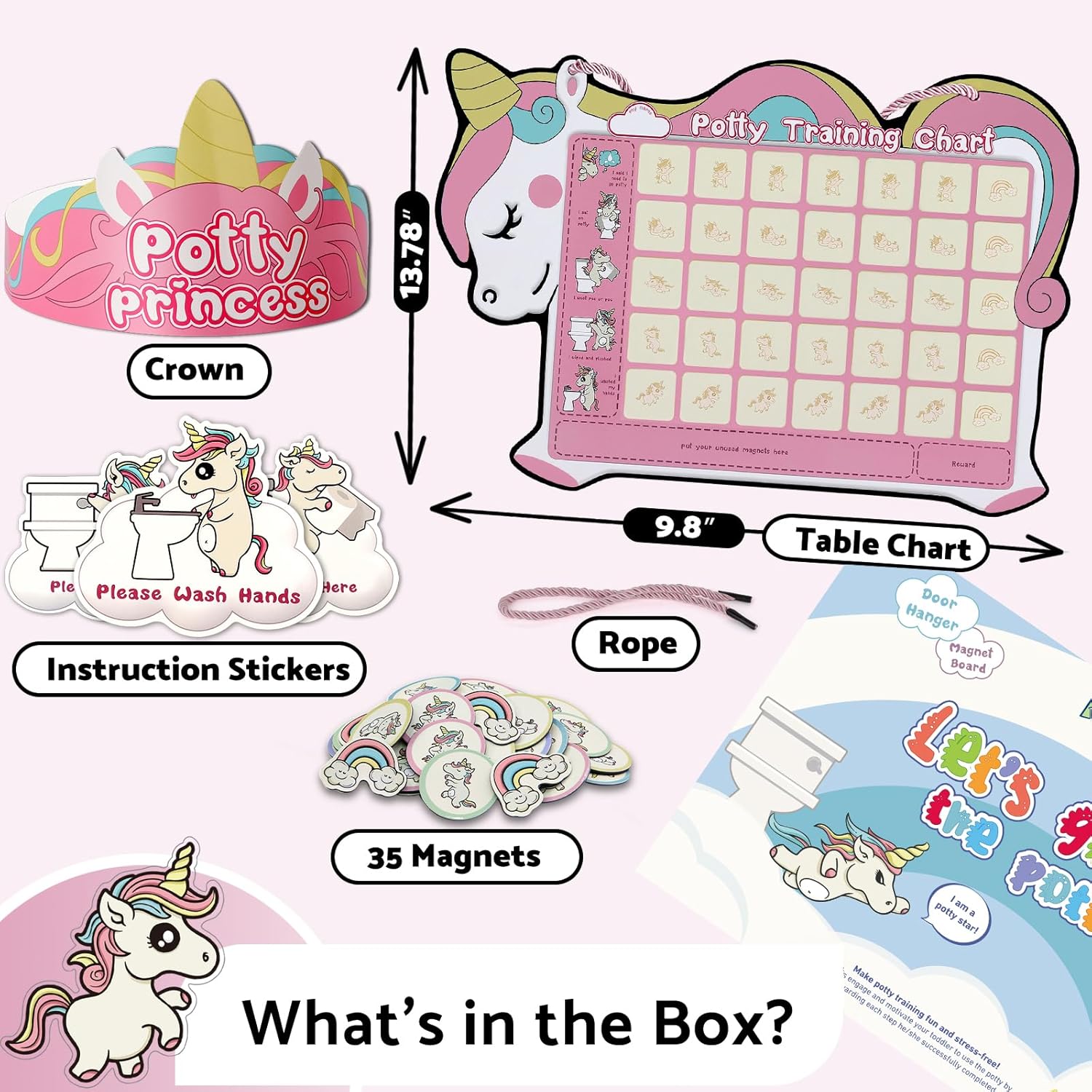 Tabla de entrenamiento para ir al baño para niñas pequeñas con 35 calcomanías magnéticas reutilizables, tabla de calcomanías de diseño de unicornio