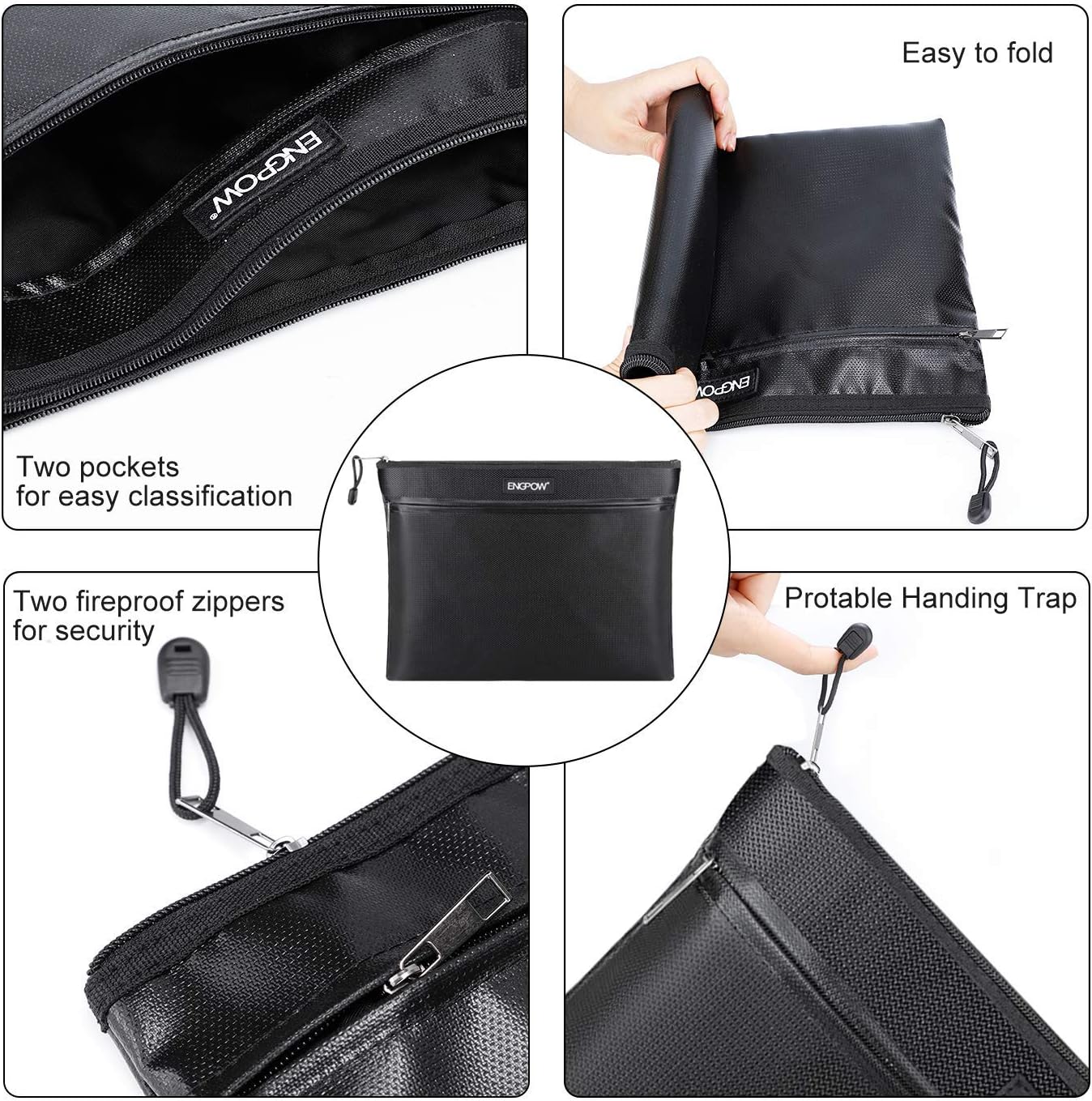 Bolsa de documentos ignífuga con dos bolsillos, dos cremalleras,ENGPOW Bolsa de seguridad ignífuga de 13.4 “x 10.2” impermeable e ignífuga bolsa de