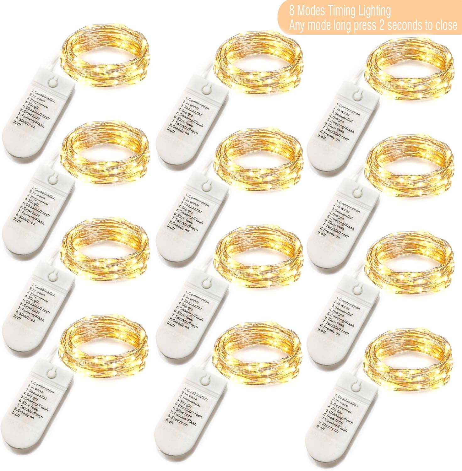 Paquete de 12 Guirnalda de luces de hadas de 8 modos con temporizador, 20 luces LED en cable plateado de 6.5 pies, luces de hadas alimentadas con