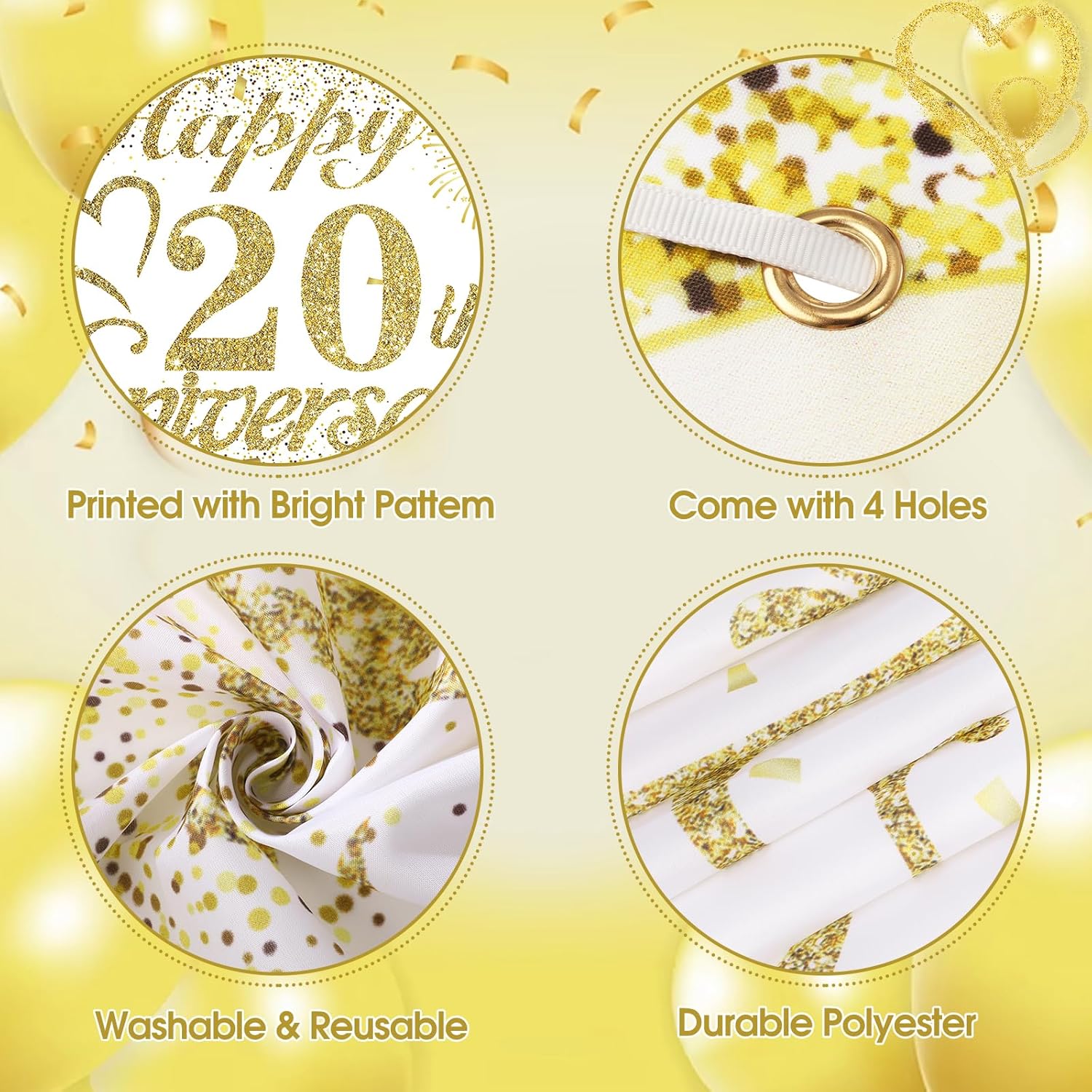 Rumia Decoraciones del 20 aniversario  Cartel de feliz boda de oro blanco, 72.8 x 43.3 pulgadas