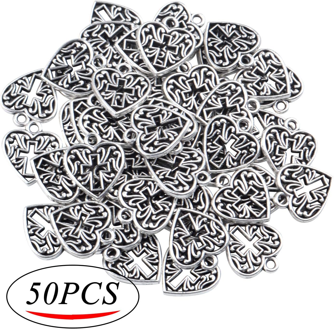 Aylifu Heart Cross Charms, 50 Pieces Alloy Metal Love Heart with Cross Charms Pendants for Making Bracelet Necklace