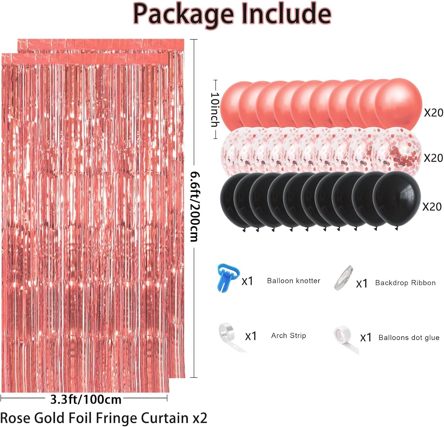 Avezano Kit de arco de globos de oro rosa negro y cortina de flecos metálicos de oropel para decoración de despedida de soltera, cumpleaños,