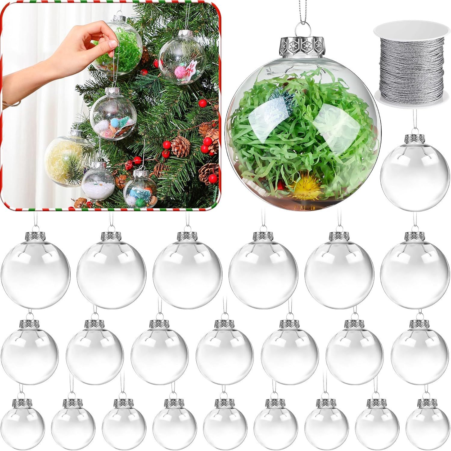 50 adornos de plástico transparente con tapa y cuerda para colgar, esferas rellenables de Navidad para manualidades, árbol de Navidad, fiesta, boda,