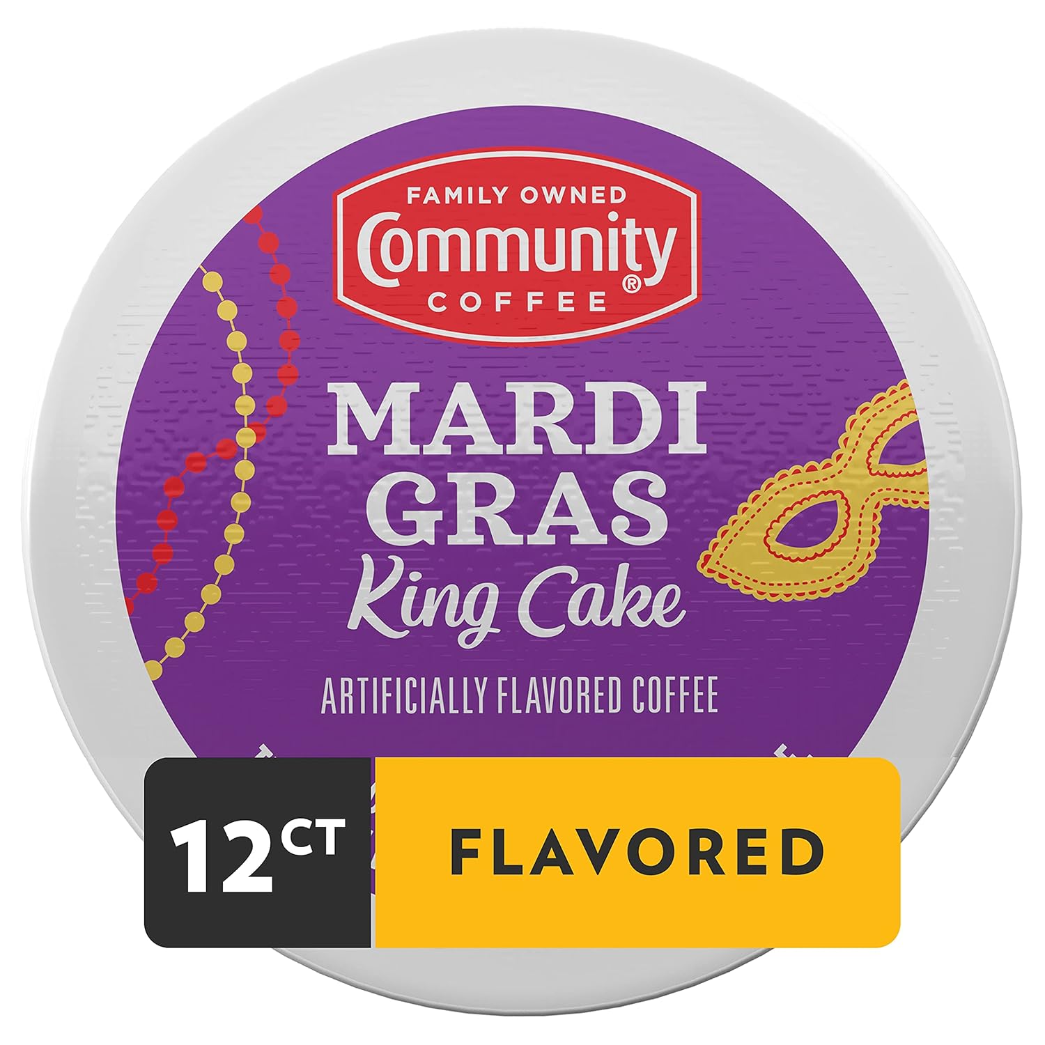 Community Coffee Mardi Gras King Cake – 12 cápsulas de café saborizadas, tostado medio, compatible con cafeteras Keurig 2.0 K-Cup, caja de 12