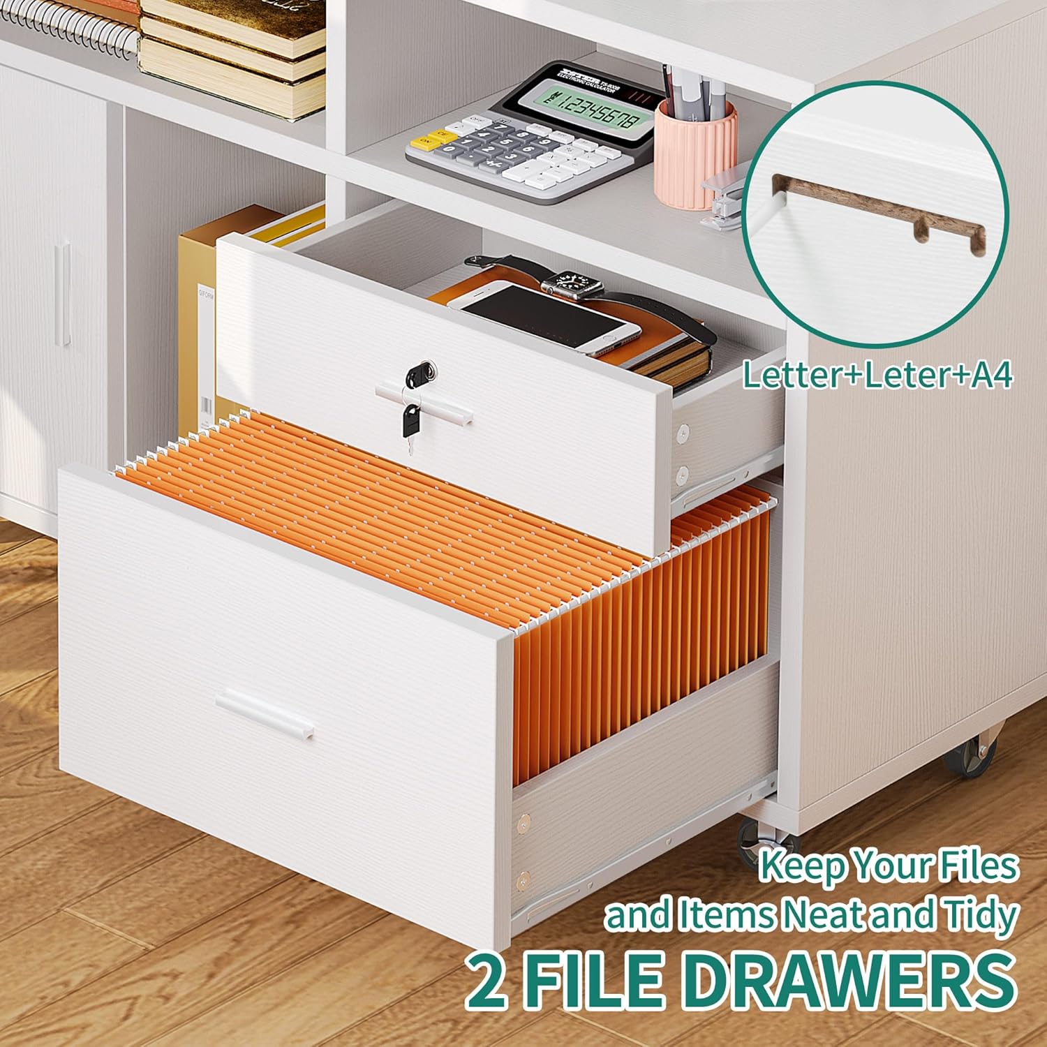 YITAHOME Archivador lateral de madera, gabinete de almacenamiento móvil de 2 cajones, se adapta a A4, soporte para impresora de letras y documentos