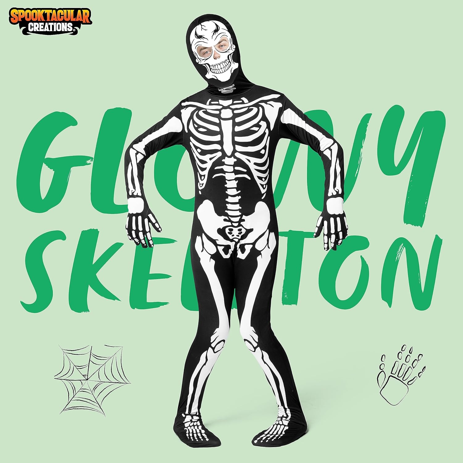 Spooktacular Creations Disfraz de esqueleto para niños, body con capucha de esqueleto negro que brilla en la oscuridad para niños y niñas