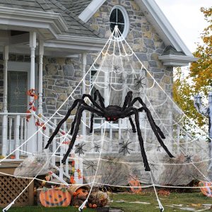 AOGU Telaraña de Halloween de 200 pulgadas + decoración de araña gigante de 78 pulgadas, araña falsa con tela de araña enorme triangular para AOGU Telaraña de Halloween de 200 pulgadas + decoración de araña gigante de 78 pulgadas, araña falsa con tela de araña enorme triangular para