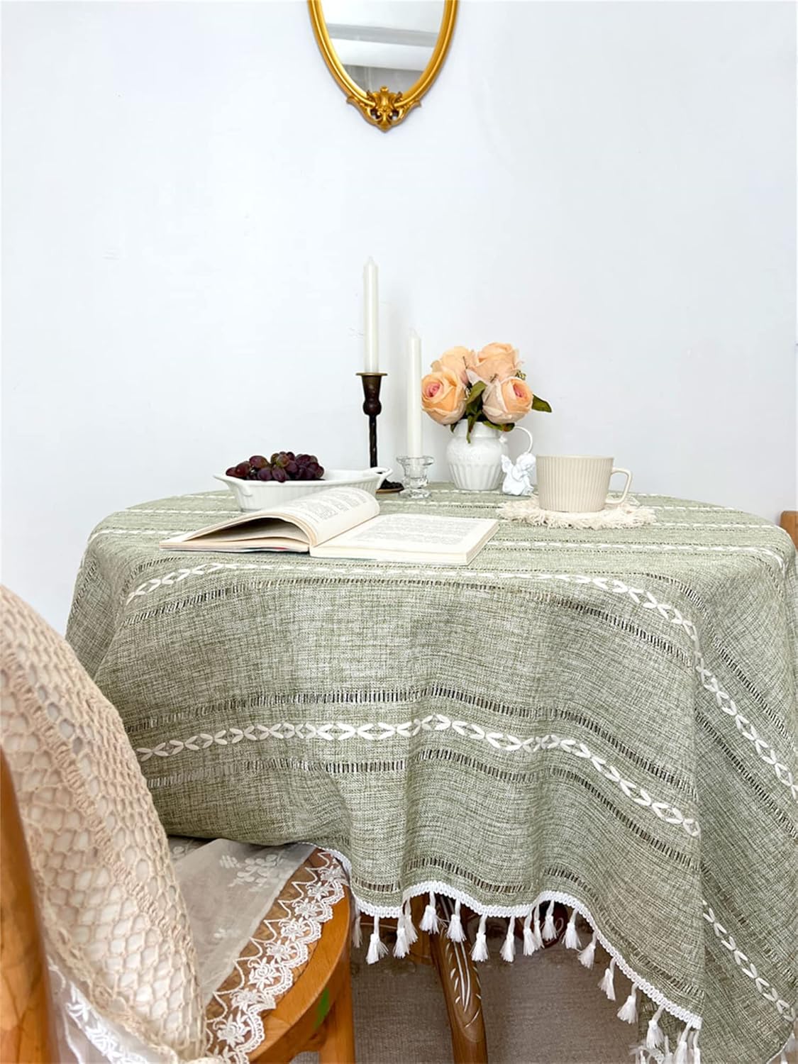 Mantel cuadrado verde de lino de algodón, funda de mesa bohemia pesada de granja, mantel cuadrado lavable para fiestas, cocina, comedor, picnic,