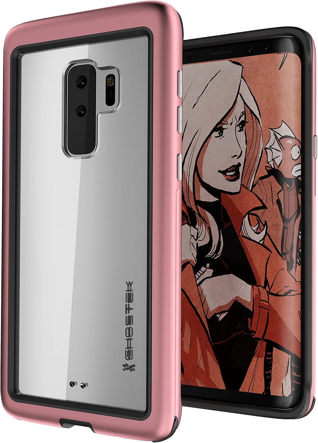 Ghostek Atomic – Funda delgada para Galaxy S9 Plus transparente con parachoques de metal espacial, súper resistente, protección a prueba de golpes,