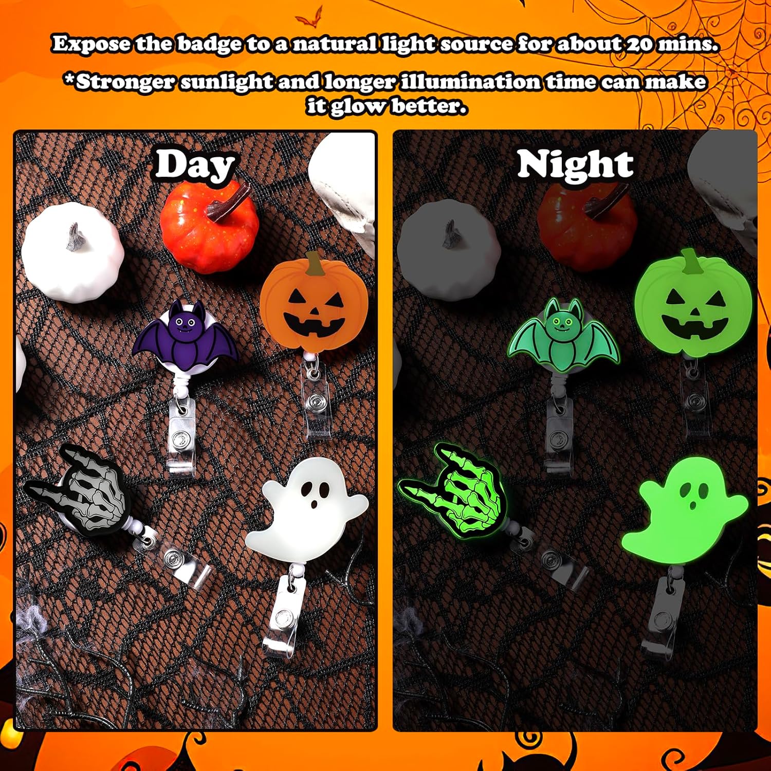 Xylolfsty Carretes de insignia de Halloween, 4 unidades, retráctil, para otoño, con clip de cocodrilo, esqueleto de roca que brilla en la oscuridad,