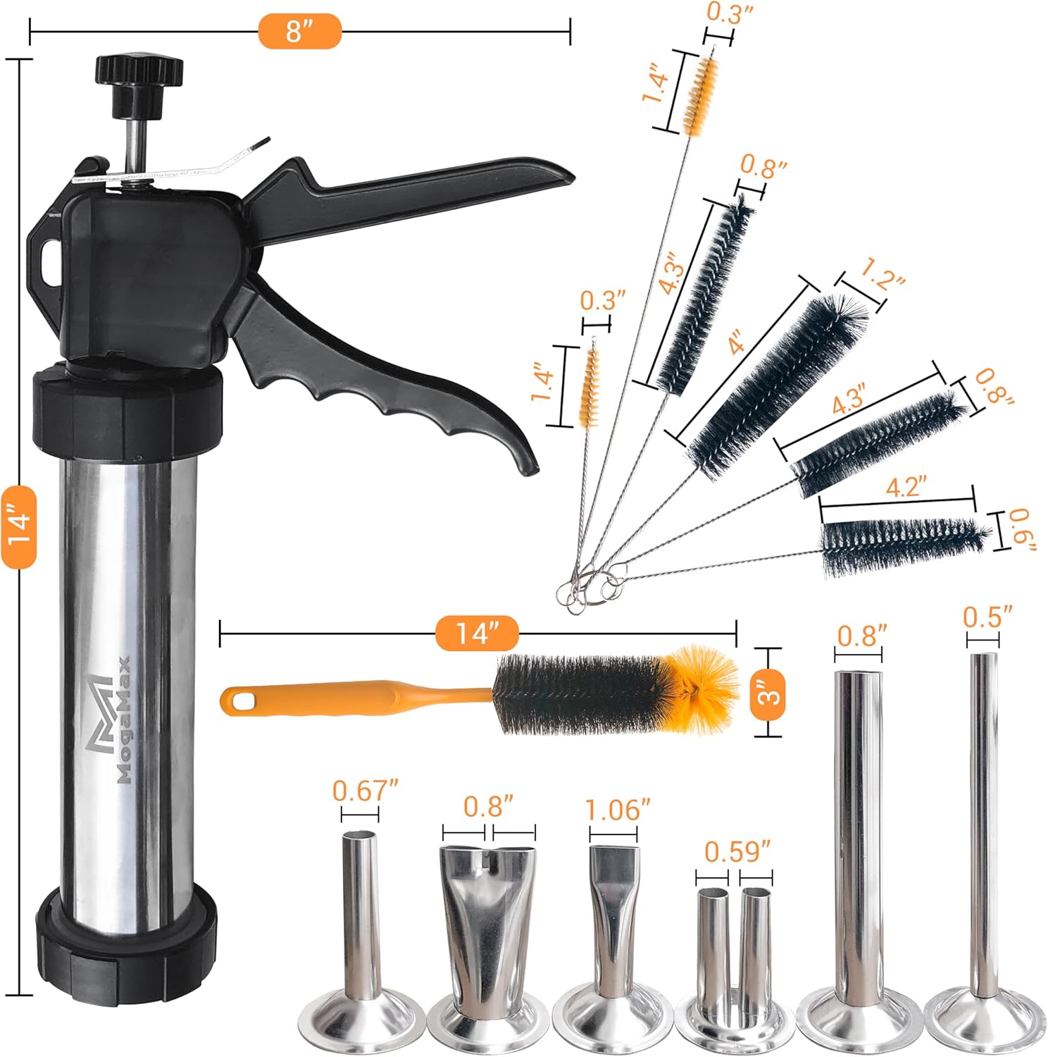 MogaMax Kit de pistola de cecina grande de acero inoxidable de 3 generación, máquina de relleno de salchichas, máquina de cecina, tirador de cecina,