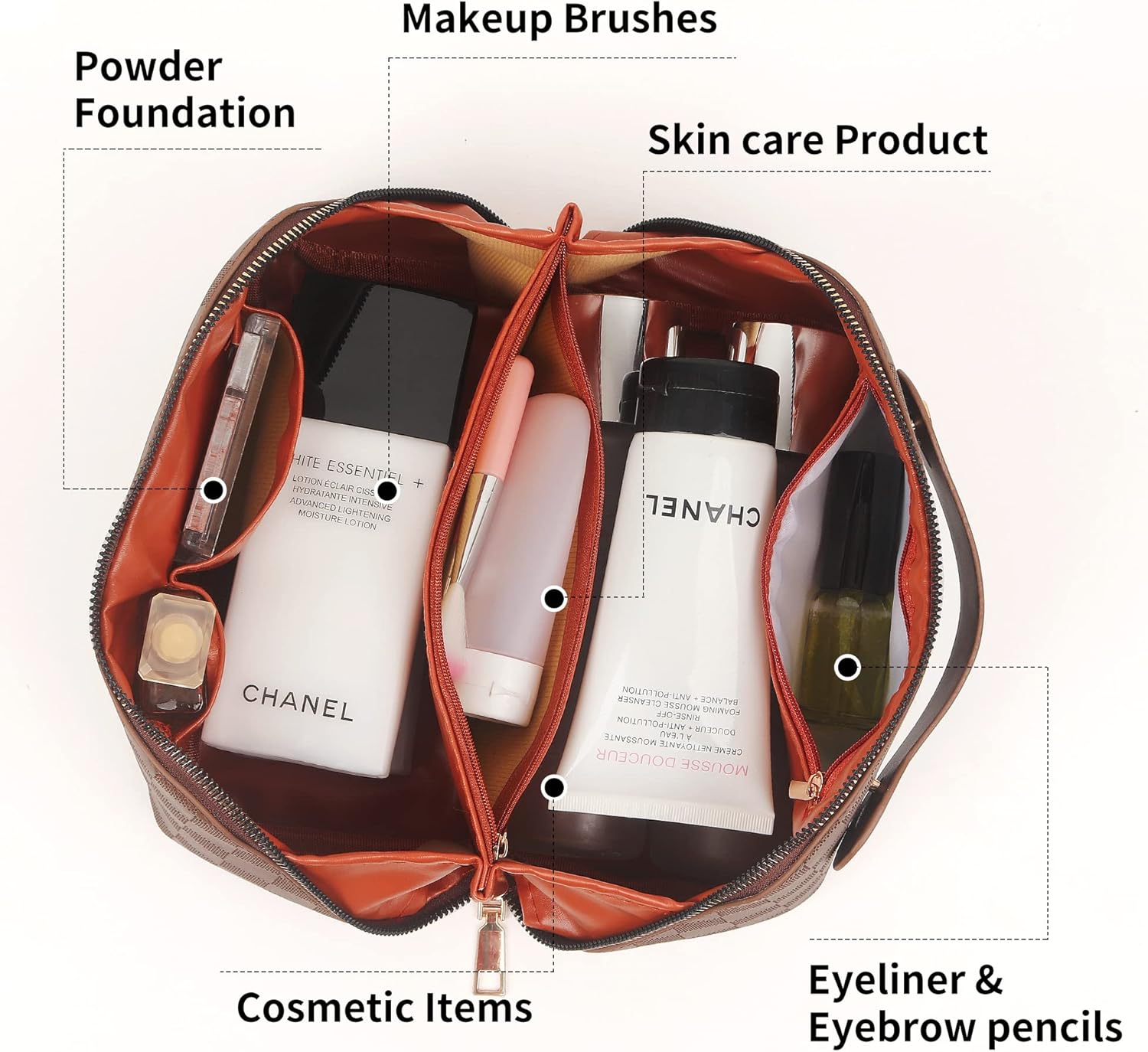 Bolsa de maquillaje grande, bolsa de cosméticos de doble capa, bolsa de maquillaje de viaje, bolsa de maquillaje de cuero, bolsas de viaje para