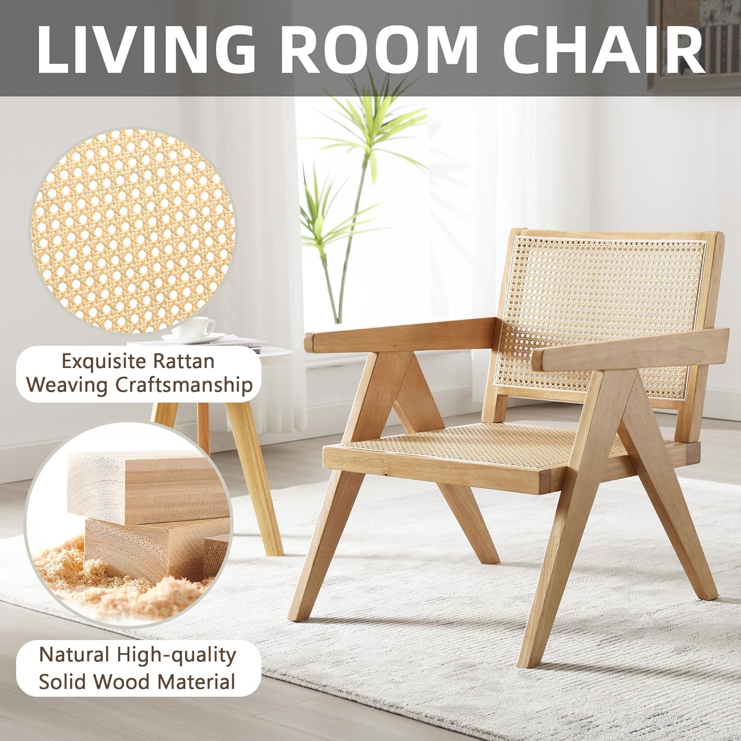 GOOLON Juego de 2 sillas decorativas de ratán, sillas de sala de estar, sillas de madera de diseño moderno de mediados de siglo con respaldo grande,
