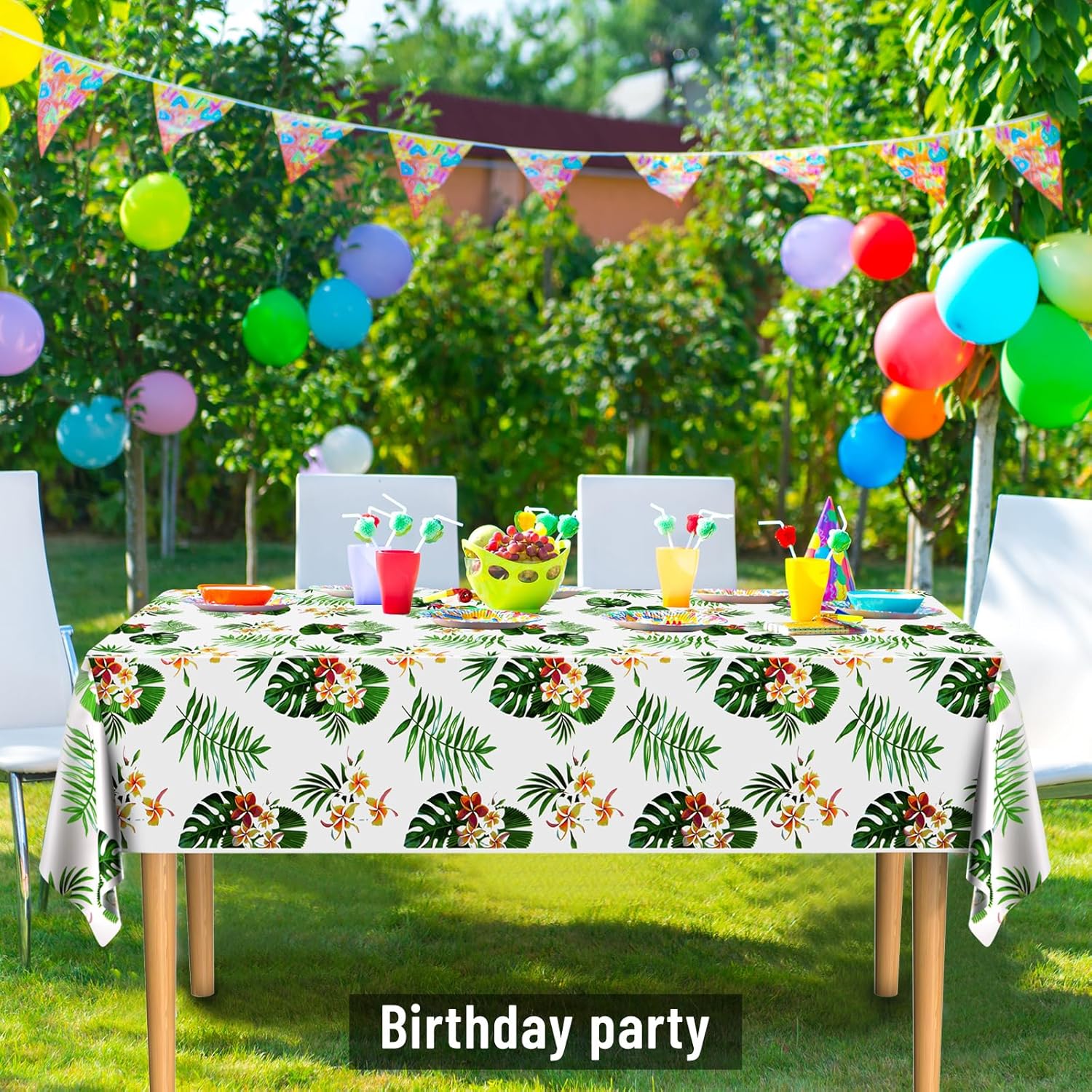 PLULON Paquete de 3 manteles hawaianos de plástico Luau para suministros de fiesta tropical, 54 x 108 pulgadas, mantel de hojas de palma para niños,
