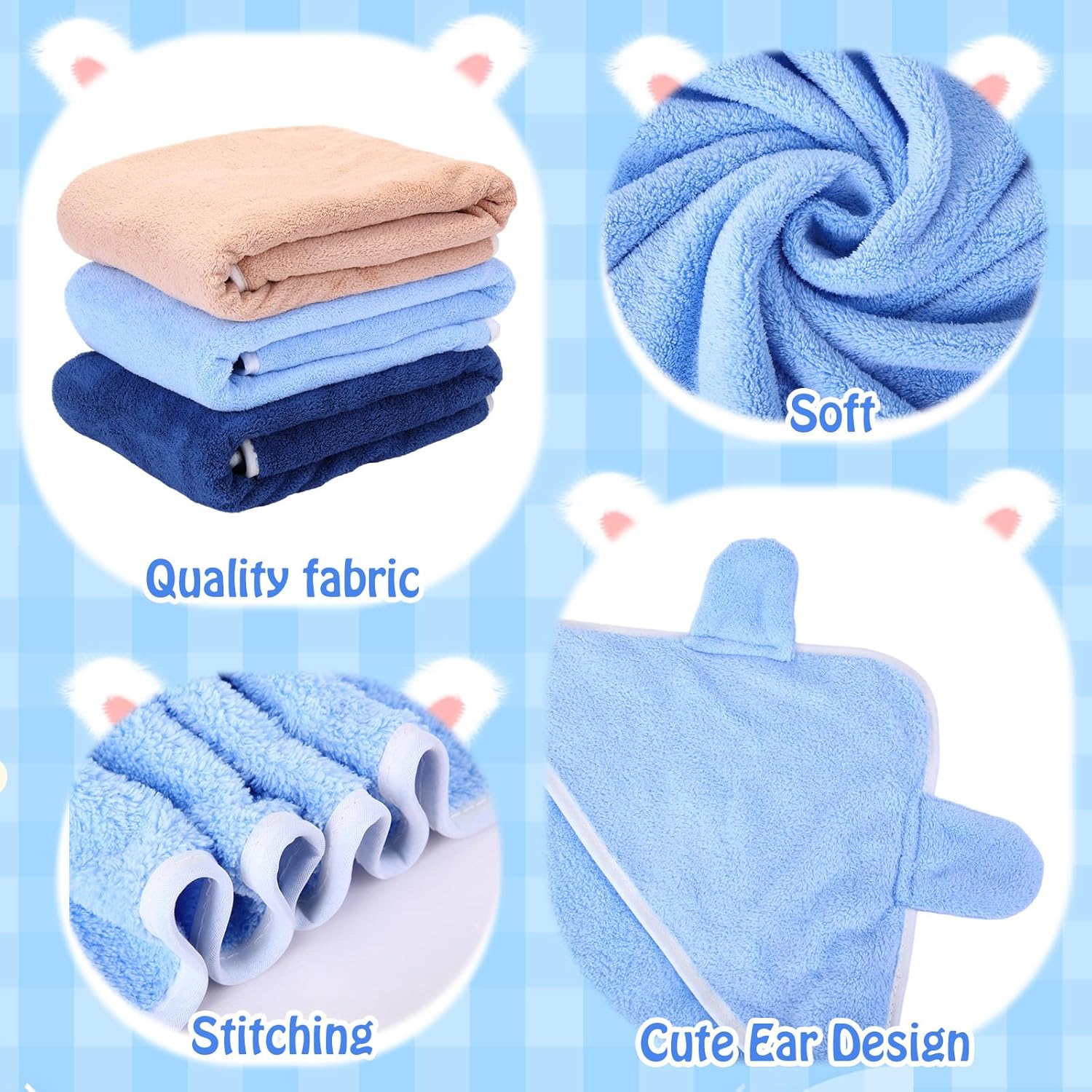 Peryiter 12 toallas con capucha para bebé, acogedoras y absorbentes, toallas de baño de vellón coral para niños, manta de baño con orejas suaves