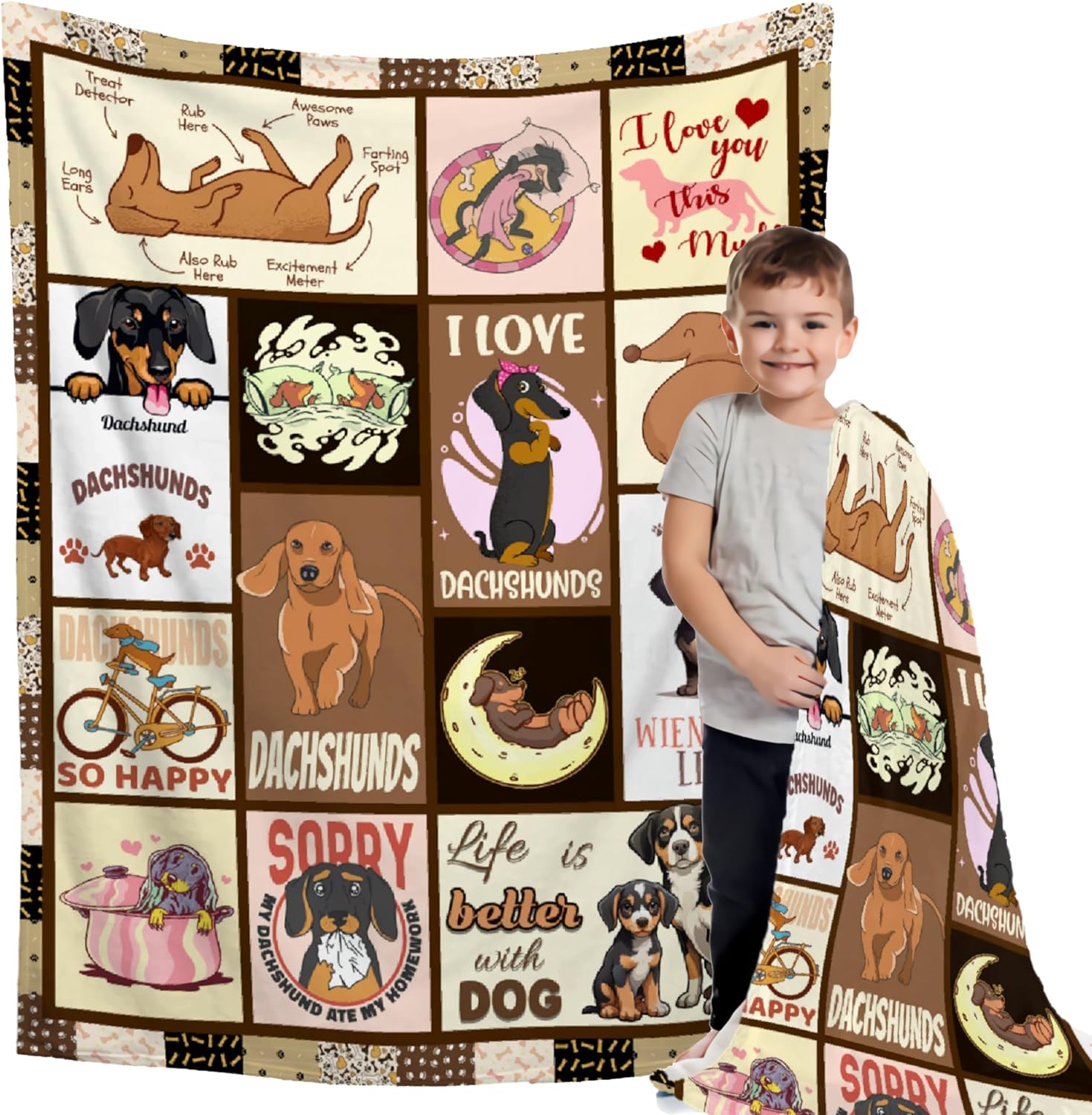 Divertida manta decorativa de franela de forro polar a cuadros de perro salchicha para mujer, manta ligera y suave, bonita manta acogedora para
