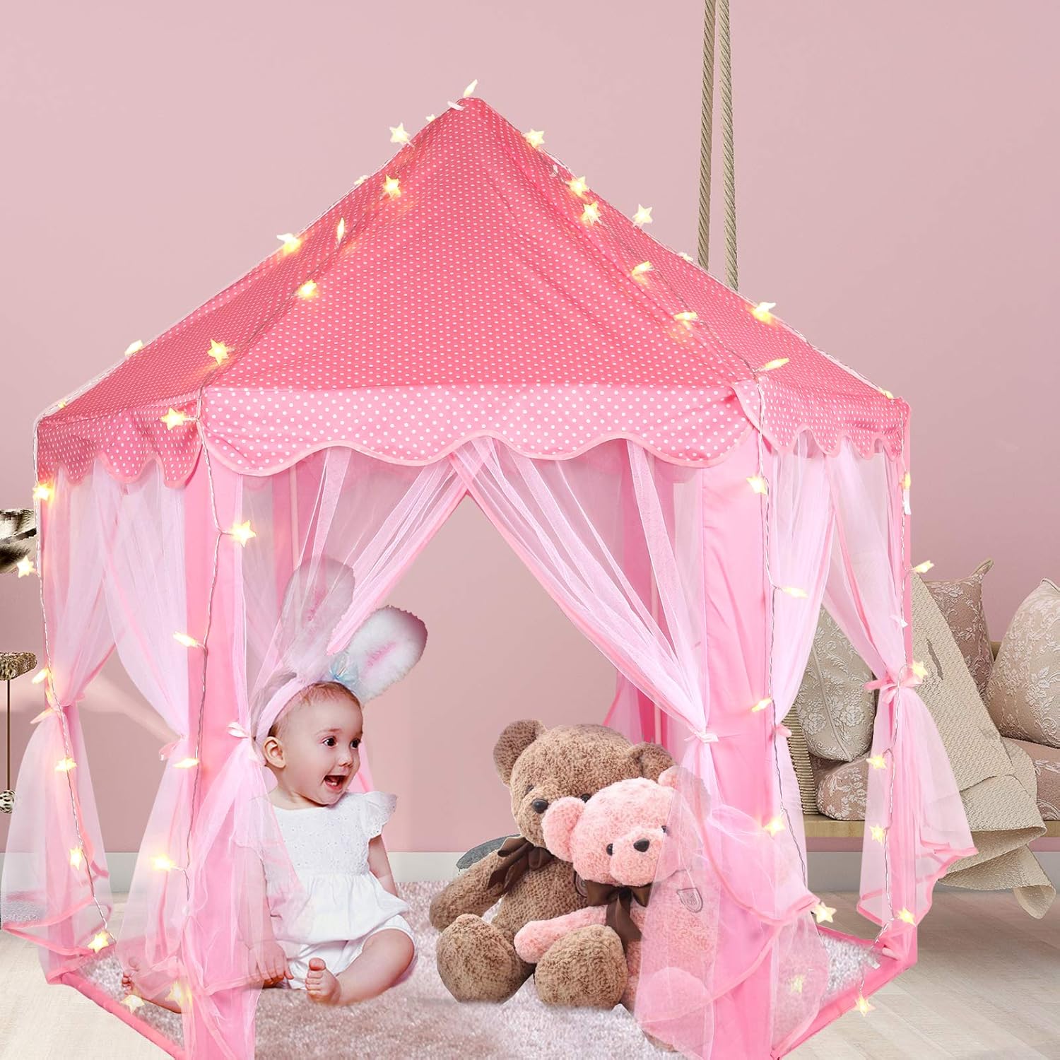 Tienda de campaña de princesa con alfombra y luces LED de estrella, tienda de campaña de juego de castillo de princesa para niñas, niños o niños