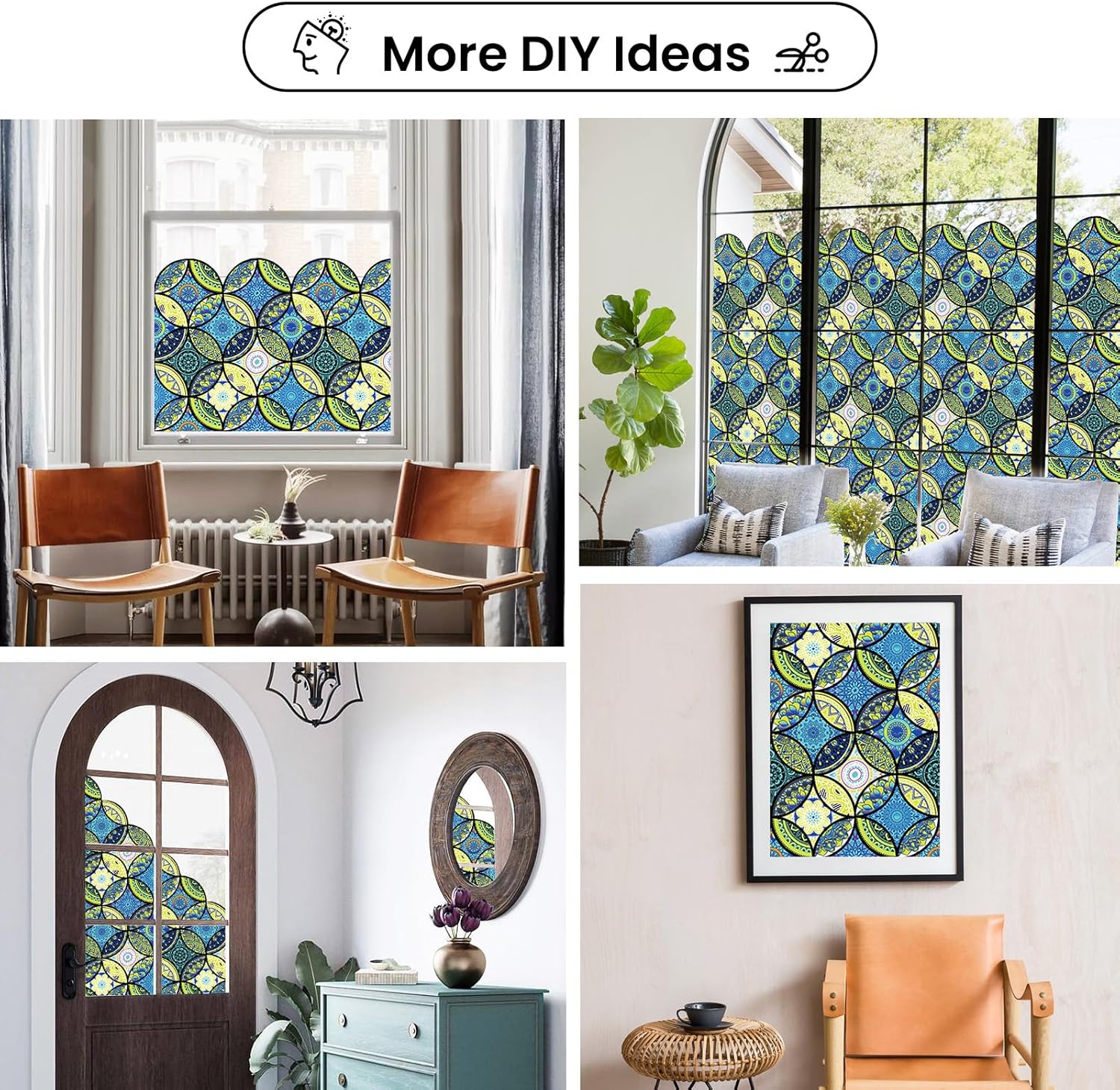 DKTIE Película para ventana de vidrieras con kit de instalación, estilo bohemio, protección de privacidad, luz suavizante, película decorativa para