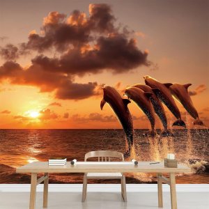 Mural de pared con vista al mar al atardecer, papel tapiz autoadhesivo de salto de delfines, extraíble, grande, decoración de pared, pintura para Mural de pared con vista al mar al atardecer, papel tapiz autoadhesivo de salto de delfines, extraíble, grande, decoración de pared, pintura para