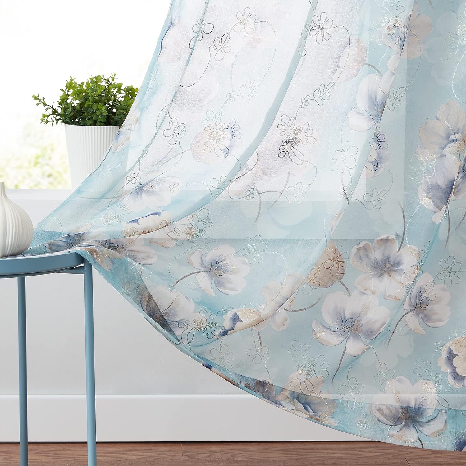 Melodieux Cortina transparente con estampado de hilo dorado con bordado de flores verde azulado para sala de estar, dormitorio, granja con bolsillo