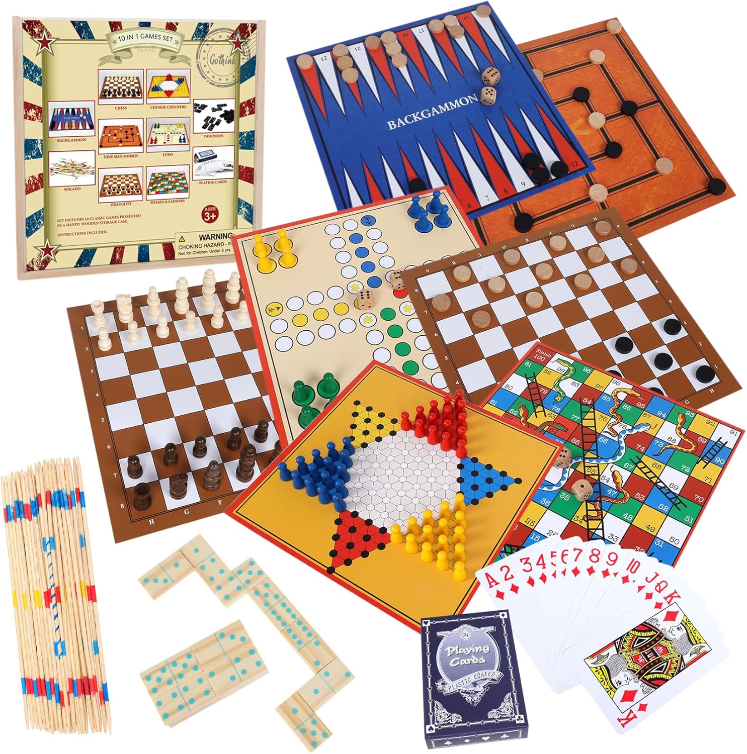 GOTHINK Juego de mesa 10 en 1 juegos familiares para viajes con backgammon, damas chinas, serpientes y escaleras y más