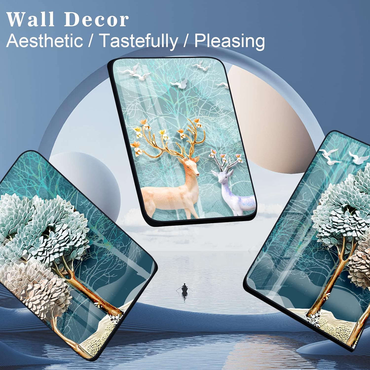SERIMINO Arte de pared enmarcado para sala de estar, bosque brumoso de alce nórdico, decoración de pared azul abstracto de animales paisajes,