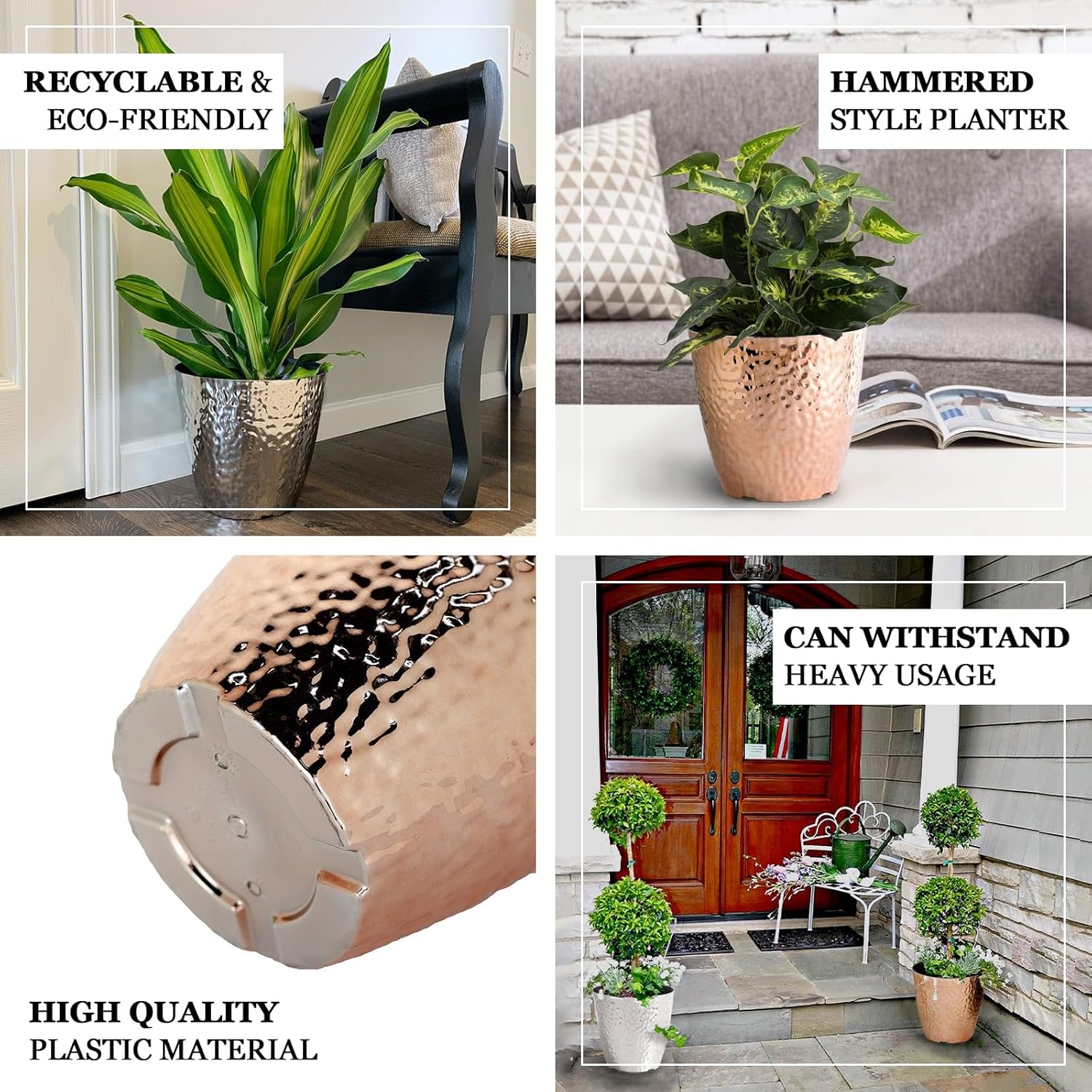 Efavormart – Maceta de polipropileno dorado de 11 pulgadas para interiores, maceta para plantas con diseño martillado metálico