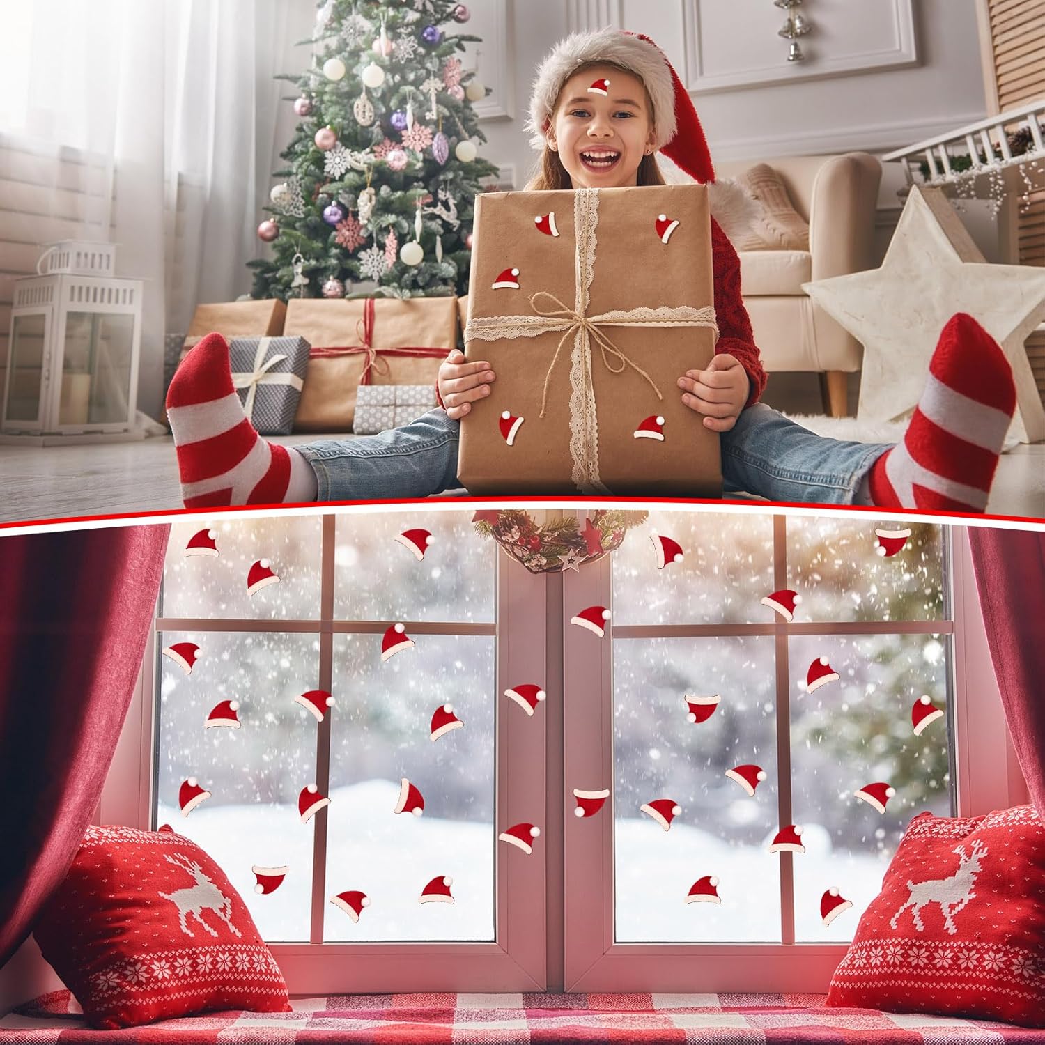 60 calcomanías de fieltro para sombrero de Papá Noel para niños, Navidad con purpurina 3D, sombrero de Papá Noel, gorra de Santa con purpurina,