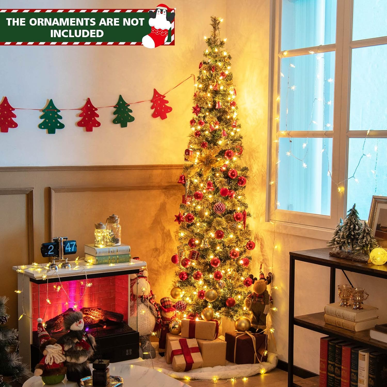 Goplus Árbol de Navidad preiluminado de 7 pies, árbol de Navidad artificial con 150 luces blancas cálidas, 403 puntas de rama, soporte de metal